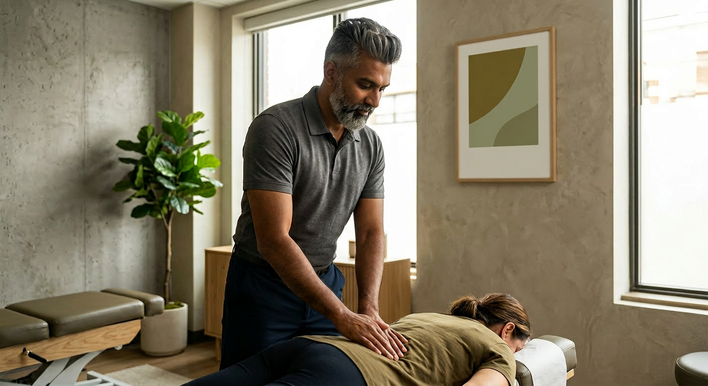 @DRP performing a chiropractic adjustment on a patients lower back in a bright modern clinic treatment room

[Character: drp]  Adult South Asian man with a medium-to-deep warm brown skin tone and a strong, professional
  appearance. Oval to slightly long face, with a broad forehead, high hairline, and a well-defined
  beard that gives the lower face a stronger, more angular shape. Dark black hair with visible gray
  at the temples and sides, worn short on the sides in a fade/taper and longer on top, styled upward
   and back in a clean, voluminous quiff/pompadour. Hairline sits a bit high, with slight recession
  at the temples. Thick, dark, straight to gently arched eyebrows. Dark brown, medium-sized,
  slightly deep-set eyes with a calm, focused look. Medium width nose, straight in profile, with a
  rounded tip. Medium fullness lips, lower lip slightly fuller. Full, connected beard and mustache,
  mostly black with noticeable gray/silver strands, especially at the cheeks, sideburn area, and
  chin. Beard is shorter and neater on the cheeks and fuller/longer at the chin. Strong and
  masculine jawline. Solid and broad-shouldered, medium-to-stocky frame. Upright, composed, and
  confident posture. Keep realistic skin texture, natural pores, subtle under-eye detail, and
  authentic salt-and-pepper facial hair. Do not make the face overly smooth or overly youthful.

Style: quiet luxury, soft cinematic lighting, warm palette, professional, clean composition. Colors: primary #7F6B2E, secondary #9BA17F. Typography: Bodoni Moda headings, Manrope body.

Avoid: cartoon, clipart, stock photo watermark, neon colors, face distortion