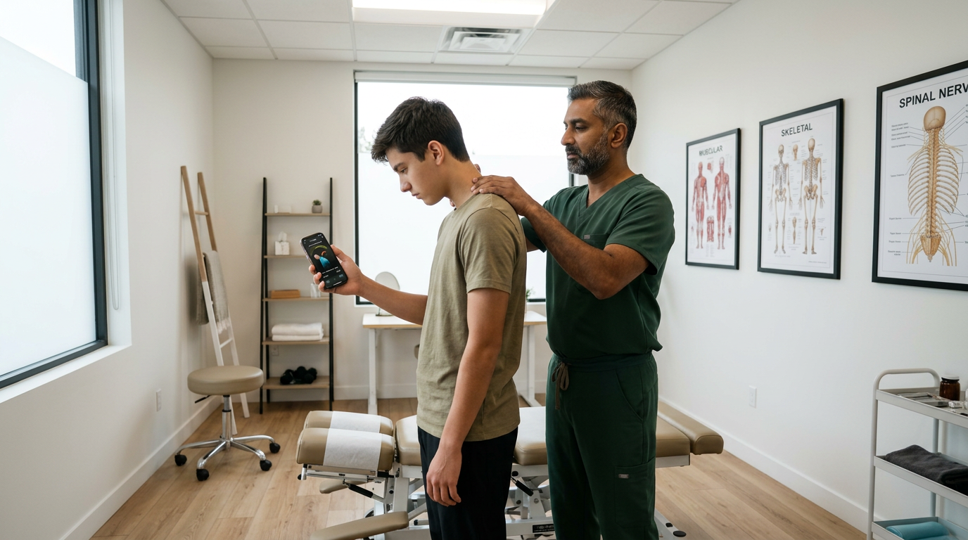 @drp Dr. Patel examining a young patient cervical spine posture in dark green scrubs, patient holding phone looking at neck flexion angle, modern chiropractic clinic with white walls and oak floors, landscape wide angle, photorealistic professional medical photography
Dr. Patel: Adult South Asian man with a medium-to-deep warm brown skin tone and a strong, professional
appearance. Oval to slightly long face, with a broad forehead, high hairline, and a well-defined
beard that gives the lower face a stronger, more angular shape. Dark black hair with visible gray
at the temples and sides, worn short on the sides in a fade/taper and longer on top, styled upward
and back in a clean, voluminous quiff/pompadour. Hairline sits a bit high, with slight recession
at the temples. Thick, dark, straight to gently arched eyebrows. Dark brown, medium-sized,
slightly deep-set eyes with a calm, focused look. Medium width nose, straight in profile, with a
rounded tip. Medium fullness lips, lower lip slightly fuller. Full, connected beard and mustache,
mostly black with noticeable gray/silver strands, especially at the cheeks, sideburn area, and
chin. Beard is shorter and neater on the cheeks and fuller/longer at the chin. Strong and
masculine jawline. Solid and broad-shouldered, medium-to-stocky frame. Upright, composed, and
confident posture. Keep realistic skin texture, natural pores, subtle under-eye detail, and
authentic salt-and-pepper facial hair. Do not make the face overly smooth or overly youthful.
Treatment Room: A modern, narrow rectangular chiropractic treatment room with a clean, minimal, upscale clinical look. The room has bright matte white walls, a white ceiling, white baseboards, and light natural oak wood plank flooring with a soft warm tone. The overall design is simple, uncluttered, and professional, with a calm medical aesthetic rather than a spa aesthetic.
The central focal point of the room is a premium chiropractic treatment table placed lengthwise in the middle of the room. The table has dark charcoal or deep gray padding, a light gray to off-white metal frame, and multiple bright yellow adjustment levers and handles. The table is large, segmented, and clearly a specialized chiropractic table, not a massage table.
Along the main wall are three vertically oriented framed anatomy posters in thin black frames with white mats. The posters show classic medical anatomical illustrations, including the muscular system, skeletal system, and spinal nerves. They are evenly spaced and mounted in a straight horizontal row above and behind the table, creating a clean visual rhythm.
Near the back corner of the room is a narrow leaning ladder shelf with a black metal frame and light wood shelves. The shelf holds a small number of clinical and office items such as tissues, paper towels, wipes, baskets, and small containers. Beside the shelf is a round rolling stool with a dark padded seat and chrome base.
On one side of the room is a simple desk area with a light-colored office chair, computer equipment, and a few practical work items, but this area should remain secondary and not dominate the image. On the opposite end of the room is a white wall-mounted cabinet and a compact rolling clinical utility cart with electrotherapy or rehab equipment, folded towels, wires, and supplies.
The room also includes a black door with a tall rounded-rectangle vertical window, adding a modern architectural detail. A few visible cords and small clinical devices are acceptable, but the room should still feel tidy, intentional, and professional.
Lighting is bright, neutral-to-cool clinical overhead lighting with soft natural realism. The room should feel real, functional, and high-end, with clean lines, minimal decor, and a polished chiropractic practice atmosphere.
quiet luxury, soft cinematic lighting, warm palette, professional, clean composition. gold and muted warm green color tones.
Do not include: cartoon, clipart, stock photo watermark, neon colors, face distortion, white coat, lab coat, doctor coat.