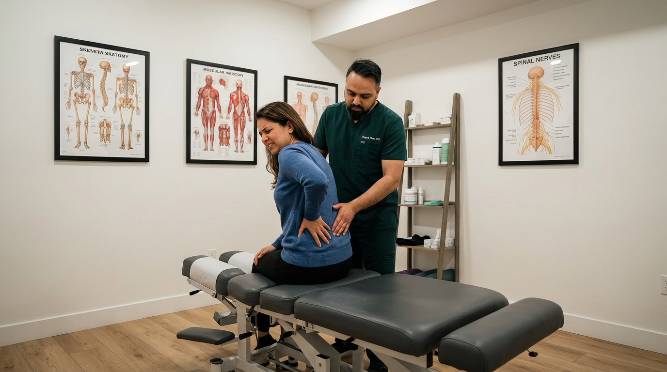 @drp Dr. Patel examining a patient with morning back stiffness, patient seated on treatment table holding lower back, @drp standing beside patient performing spinal assessment, modern chiropractic clinic with white walls and oak floors, landscape wide angle, photorealistic professional medical photography

Dr. Patel:  Adult South Asian man with a medium-to-deep warm brown skin tone and a strong, professional
  appearance. Oval to slightly long face, with a broad forehead, high hairline, and a well-defined
  beard that gives the lower face a stronger, more angular shape. Dark black hair with visible gray
  at the temples and sides, worn short on the sides in a fade/taper and longer on top, styled upward
   and back in a clean, voluminous quiff/pompadour. Hairline sits a bit high, with slight recession
  at the temples. Thick, dark, straight to gently arched eyebrows. Dark brown, medium-sized,
  slightly deep-set eyes with a calm, focused look. Medium width nose, straight in profile, with a
  rounded tip. Medium fullness lips, lower lip slightly fuller. Full, connected beard and mustache,
  mostly black with noticeable gray/silver strands, especially at the cheeks, sideburn area, and
  chin. Beard is shorter and neater on the cheeks and fuller/longer at the chin. Strong and
  masculine jawline. Solid and broad-shouldered, medium-to-stocky frame. Upright, composed, and
  confident posture. Keep realistic skin texture, natural pores, subtle under-eye detail, and
  authentic salt-and-pepper facial hair. Do not make the face overly smooth or overly youthful.
Treatment Room: A modern, narrow rectangular chiropractic treatment room with a clean, minimal, upscale clinical look. The room has bright matte white walls, a white ceiling, white baseboards, and light natural oak wood plank flooring with a soft warm tone. The overall design is simple, uncluttered, and professional, with a calm medical aesthetic rather than a spa aesthetic.

The central focal point of the room is a premium chiropractic treatment table placed lengthwise in the middle of the room. The table has dark charcoal or deep gray padding, a light gray to off-white metal frame, and multiple bright yellow adjustment levers and handles. The table is large, segmented, and clearly a specialized chiropractic table, not a massage table.

Along the main wall are three vertically oriented framed anatomy posters in thin black frames with white mats. The posters show classic medical anatomical illustrations, including the muscular system, skeletal system, and spinal nerves. They are evenly spaced and mounted in a straight horizontal row above and behind the table, creating a clean visual rhythm.

Near the back corner of the room is a narrow leaning ladder shelf with a black metal frame and light wood shelves. The shelf holds a small number of clinical and office items such as tissues, paper towels, wipes, baskets, and small containers. Beside the shelf is a round rolling stool with a dark padded seat and chrome base.

On one side of the room is a simple desk area with a light-colored office chair, computer equipment, and a few practical work items, but this area should remain secondary and not dominate the image. On the opposite end of the room is a white wall-mounted cabinet and a compact rolling clinical utility cart with electrotherapy or rehab equipment, folded towels, wires, and supplies.

The room also includes a black door with a tall rounded-rectangle vertical window, adding a modern architectural detail. A few visible cords and small clinical devices are acceptable, but the room should still feel tidy, intentional, and professional.

Lighting is bright, neutral-to-cool clinical overhead lighting with soft natural realism. The room should feel real, functional, and high-end, with clean lines, minimal decor, and a polished chiropractic practice atmosphere.

quiet luxury, soft cinematic lighting, warm palette, professional, clean composition. gold and muted warm green color tones.

Do not include: cartoon, clipart, stock photo watermark, neon colors, face distortion, white coat, lab coat, doctor coat.