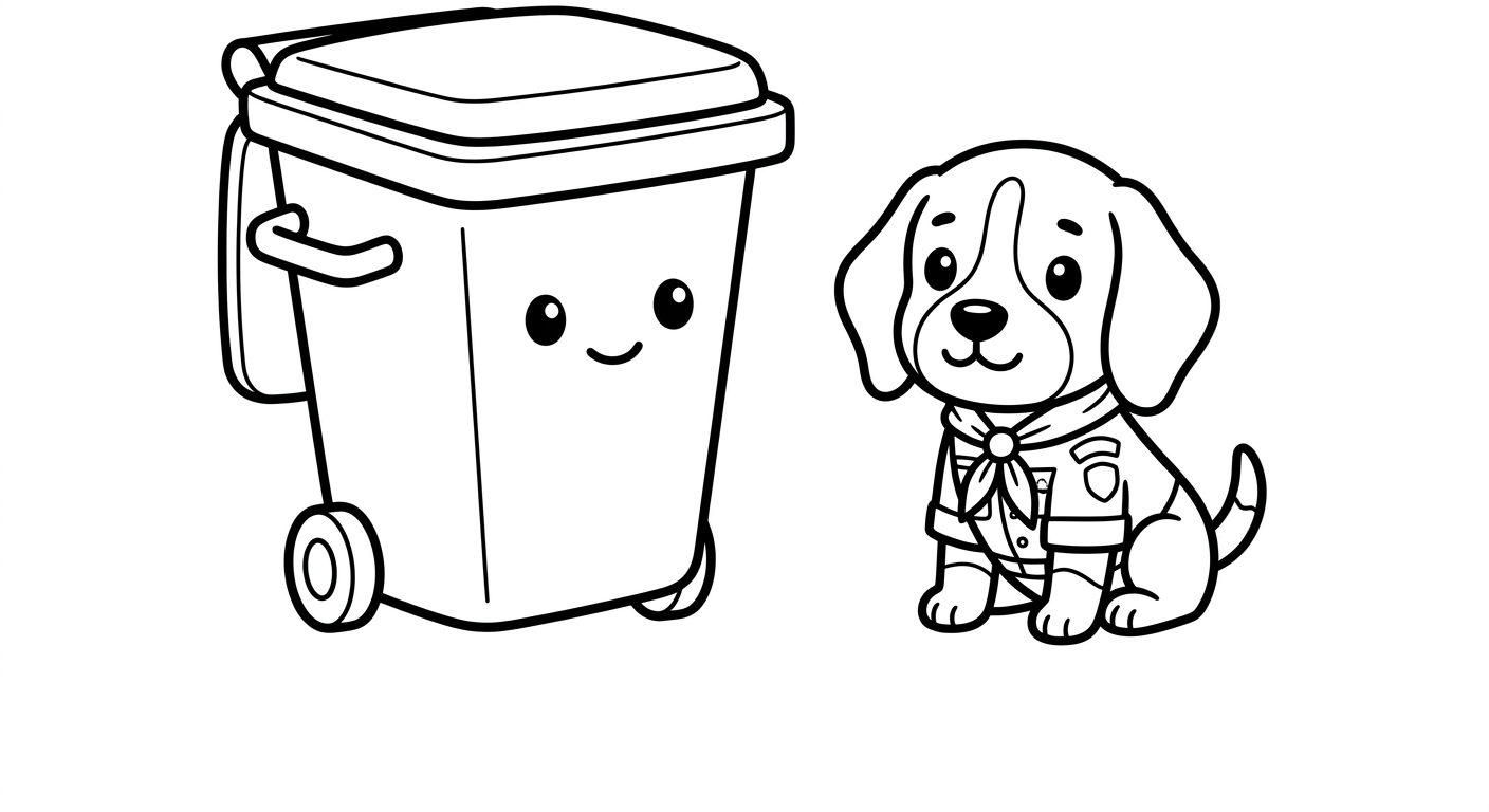 Black and white coloring book line art. A single big simple wheelie trash bin with a friendly face, lid closed, the SAME chibi beagle Scout from reference sitting next to it, lots of empty white space below for writing. Clean SOLID bold black outlines, simple smooth rounded shapes, NO furry texture, pure white background, no shading, no gray, NO solid black fills, NO text or letters, large open areas to color.
quiet luxury, soft cinematic lighting, warm palette, professional, clean composition. gold and muted warm green color tones.
Do not include: cartoon, clipart, stock photo watermark, neon colors, face distortion, white coat, lab coat, doctor coat.