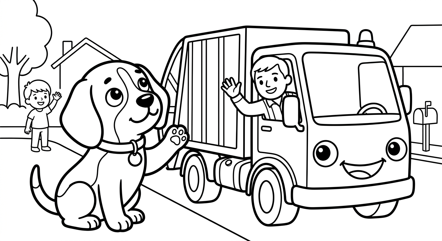 Black and white coloring book page for toddlers. The SAME chibi beagle puppy named Scout from the reference image, identical face and collar with the small round tag, sitting with tail up high, sitting up tail-high looking up and waving goodbye to the worker, next to/with a friendly sanitation worker waving from the cab of a garbage truck. The truck has a friendly face from its OWN parts: the round headlights are the eyes and the front grille is a smiling mouth, no cartoon eyes on the windshield. A simple street scene with a waving child on the curb, no more than two or three background shapes, lots of white space. Clean SOLID bold black outlines, simple smooth rounded shapes, NO furry texture, pure white background, no shading, no gray, NO solid black fills anywhere, NO text or words or letters anywhere in the image, large open areas to color.
quiet luxury, soft cinematic lighting, warm palette, professional, clean composition. gold and muted warm green color tones.
Do not include: cartoon, clipart, stock photo watermark, neon colors, face distortion, white coat, lab coat, doctor coat.