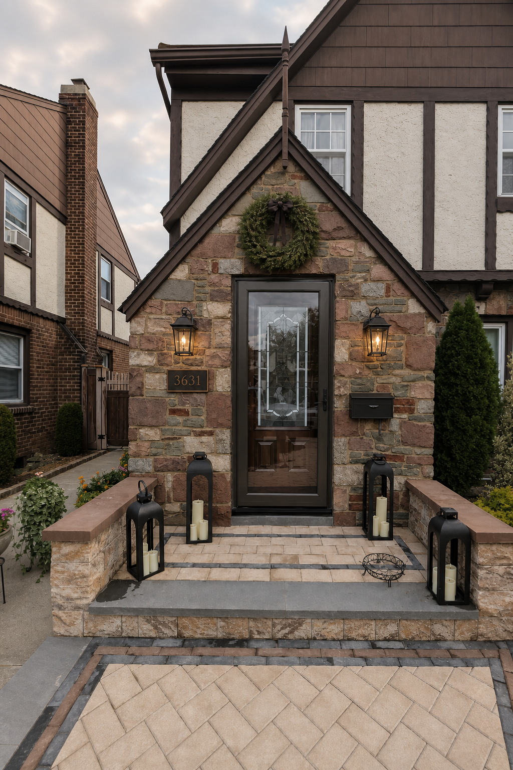 Create a photorealistic residential entrance renovation inspiration mockup by EDITING the supplied Home Front Entrance reference photograph, not inventing a different building. Preserve the original camera angle, exact irregular stone facade and mortar, steep triangular entrance gable, pointed finial, original door and storm door, stoop, low stone side walls, roofline and visible surroundings. Retain the house's authentic age and architectural character. Do not create a clinic, business branding, new windows, new door, new stone pattern or a generic mansion.
Design additions only: replace the existing single left wall light with TWO matching elegant traditional blackened-bronze wall lanterns with clear glass and warm light, one on each side of the door, at exactly the same height. Each lantern should be approximately 18-20 inches tall and 8-10 inches wide, sensibly scaled within the available 39-inch wall area on each side; keep door swing and opening clear. Mount the lanterns on the flanking stone walls, not on the door trim. Below the LEFT lantern place a compact tasteful dark address plaque, retaining only the original house number if legible; do not invent a new number or add a business sign. Below the RIGHT lantern place one restrained slim dark bronze wall-mounted mailbox, reachable from the stoop, visually aligned with the left plaque, smaller and quieter than the lantern. Remove the old duplicate mailbox/light rather than showing extra fixtures.
Center one simple natural green wreath with a subtle dark ribbon on the stone triangular field DIRECTLY ABOVE the door lintel, below the gable peak, completely clear of the finial and door opening. About 24 inches in diameter as a visual starting point; keep the stone surround visible. Nothing mounted to or covering the pointed finial. The wreath should feel integrated with the doorway, not floating at the highest peak. Restrained welcoming residential design, not holiday clutter. Daylight with subtle warm lantern glow so existing stone is clearly visible.
User-supplied proportions: wall area left and right each 39 inches wide; stoop-to-door measurement 92.5 inches; stoop to just below the top finial 136 inches. Use as approximate composition guidance, not a construction plan. No dimension graphics, labels, people, watermarks, additional wreaths or decorative objects. Highest priority is recognizably the SAME house as the reference photograph.

Home Front Entrance is depicted as: The exact private residential front entrance in the primary reference photograph. Tudor-style facade with irregular multicolored stone masonry, steep triangular stone entrance gable, dark brown trim and narrow pointed finial, centered dark-framed glazed storm door over a wood door, paved raised stoop, low stone side walls with brown caps, existing landscaping and neighboring context. Existing wall light and house-number plaque are left of the door; mailbox is right. Preserve actual architecture, stone pattern, door dimensions, perspective and proportions. Only change fixtures and decor explicitly requested. Do not replace this with a generic house or clinic. User measurements: use 39 inches of wall width on EACH side of door; stoop-to-door measurement 92.5 inches (endpoint as stated, not independently surveyed); stoop to just below the pointed finial 136 inches. These are design guidance, not a measured construction drawing..

quiet luxury, soft cinematic lighting, warm palette, professional, clean composition. gold and muted warm green color tones.

Do not include: cartoon, clipart, stock photo watermark, neon colors, face distortion, white coat, lab coat, doctor coat.