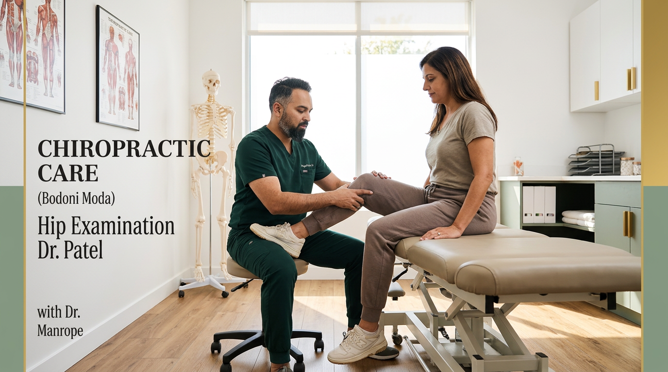 Dr. Patel examining a patient hip joint in a modern chiropractic clinic, patient seated on treatment table, wide angle landscape composition, warm natural lighting, professional clinical setting with white walls and oak floors, no white coat, doctor wearing dark green scrubs

[Character: drp]  Adult South Asian man with a medium-to-deep warm brown skin tone and a strong, professional
  appearance. Oval to slightly long face, with a broad forehead, high hairline, and a well-defined
  beard that gives the lower face a stronger, more angular shape. Dark black hair with visible gray
  at the temples and sides, worn short on the sides in a fade/taper and longer on top, styled upward
   and back in a clean, voluminous quiff/pompadour. Hairline sits a bit high, with slight recession
  at the temples. Thick, dark, straight to gently arched eyebrows. Dark brown, medium-sized,
  slightly deep-set eyes with a calm, focused look. Medium width nose, straight in profile, with a
  rounded tip. Medium fullness lips, lower lip slightly fuller. Full, connected beard and mustache,
  mostly black with noticeable gray/silver strands, especially at the cheeks, sideburn area, and
  chin. Beard is shorter and neater on the cheeks and fuller/longer at the chin. Strong and
  masculine jawline. Solid and broad-shouldered, medium-to-stocky frame. Upright, composed, and
  confident posture. Keep realistic skin texture, natural pores, subtle under-eye detail, and
  authentic salt-and-pepper facial hair. Do not make the face overly smooth or overly youthful.

Style: quiet luxury, soft cinematic lighting, warm palette, professional, clean composition. Colors: primary #7F6B2E, secondary #9BA17F. Typography: Bodoni Moda headings, Manrope body.

Avoid: cartoon, clipart, stock photo watermark, neon colors, face distortion, white coat, lab coat, doctor coat