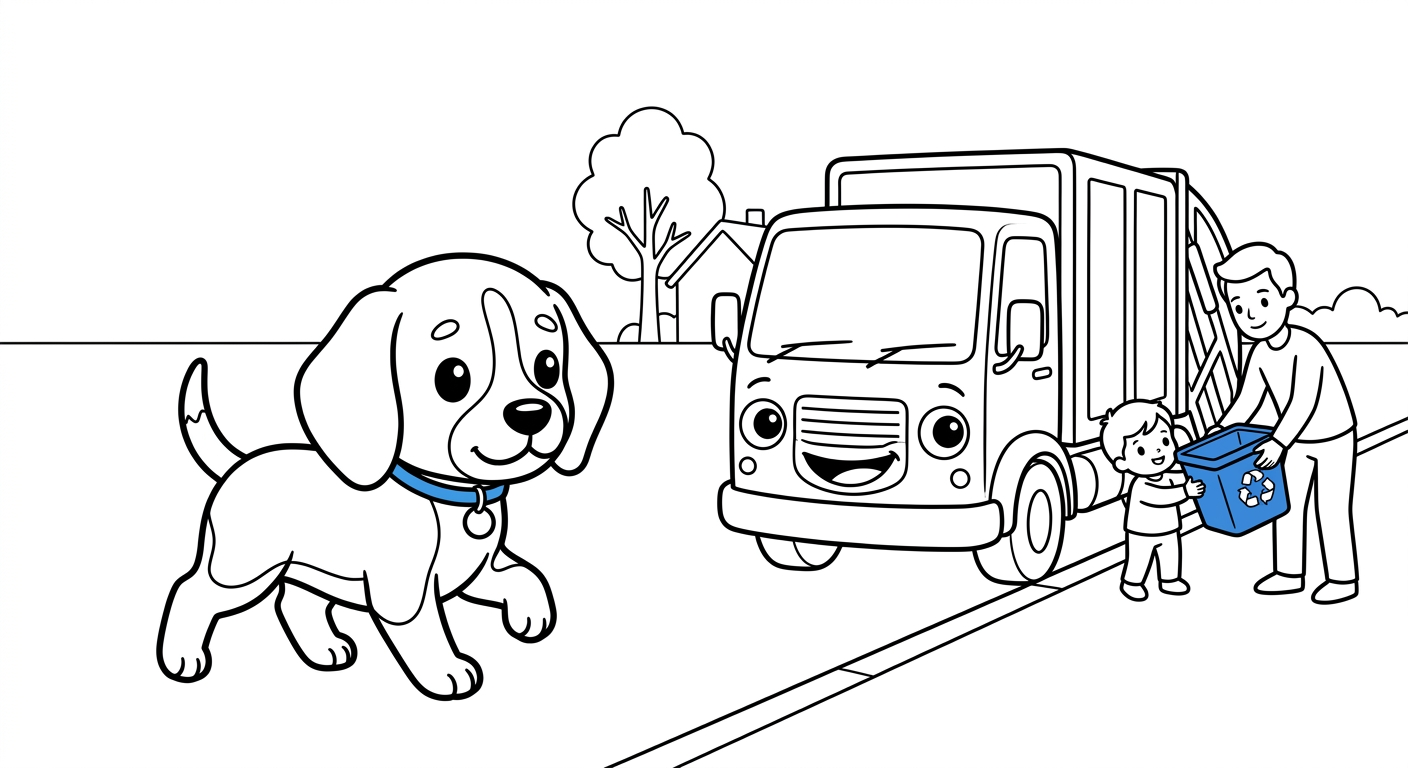 Black and white coloring book page for toddlers. The SAME chibi beagle puppy named Scout from the reference image, identical face and collar with the small round tag, trotting with one paw lifted, trotting up to help carry the blue bin with the family, next to/with a recycling truck at the curb and a child and a grown-up handing over a blue bin. The truck has a friendly face from its OWN parts: the round headlights are the eyes and the front grille is a smiling mouth, no cartoon eyes on the windshield. A simple scene with one house and one tree behind, no more than two or three background shapes, lots of white space. Clean SOLID bold black outlines, simple smooth rounded shapes, NO furry texture, pure white background, no shading, no gray, NO solid black fills anywhere, NO text or words or letters anywhere in the image, large open areas to color.
quiet luxury, soft cinematic lighting, warm palette, professional, clean composition. gold and muted warm green color tones.
Do not include: cartoon, clipart, stock photo watermark, neon colors, face distortion, white coat, lab coat, doctor coat.