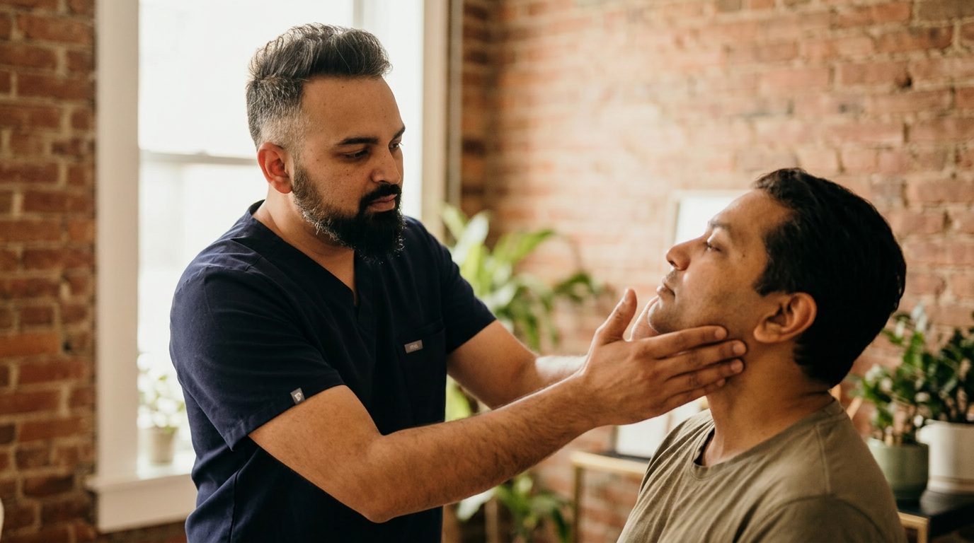 wide angle, landscape, no text, no signs, no writing. South Asian male chiropractor in his late 30s wearing dark navy scrubs (no white coat) gently palpating the jaw of a seated adult patient in a warm modern Brooklyn chiropractic office. Soft natural window light, exposed brick wall, subtle plants. Documentary editorial photography, shallow depth of field. Patient relaxed. Warm boutique wellness aesthetic.

Dr. Patel is depicted as:  Adult South Asian man with a medium-to-deep warm brown skin tone and a strong, professional
  appearance. Oval to slightly long face, with a broad forehead, high hairline, and a well-defined
  beard that gives the lower face a stronger, more angular shape. Dark black hair with visible gray
  at the temples and sides, worn short on the sides in a fade/taper and longer on top, styled upward
   and back in a clean, voluminous quiff/pompadour. Hairline sits a bit high, with slight recession
  at the temples. Thick, dark, straight to gently arched eyebrows. Dark brown, medium-sized,
  slightly deep-set eyes with a calm, focused look. Medium width nose, straight in profile, with a
  rounded tip. Medium fullness lips, lower lip slightly fuller. Full, connected beard and mustache,
  mostly black with noticeable gray/silver strands, especially at the cheeks, sideburn area, and
  chin. Beard is shorter and neater on the cheeks and fuller/longer at the chin. Strong and
  masculine jawline. Solid and broad-shouldered, medium-to-stocky frame. Upright, composed, and
  confident posture. Keep realistic skin texture, natural pores, subtle under-eye detail, and
  authentic salt-and-pepper facial hair. Do not make the face overly smooth or overly youthful..

quiet luxury, soft cinematic lighting, warm palette, professional, clean composition. gold and muted warm green color tones.

Do not include: cartoon, clipart, stock photo watermark, neon colors, face distortion, white coat, lab coat, doctor coat.