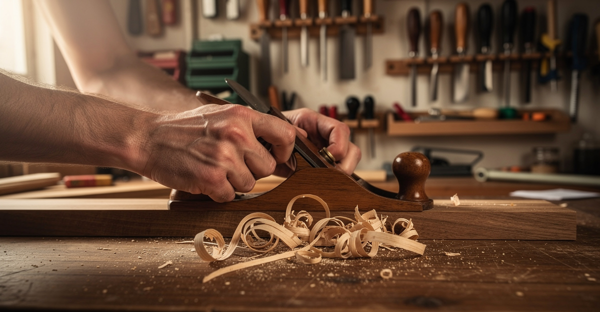 wide angle landscape photograph of a Brooklyn craft workshop scene. Close-up on skilled hands using a wooden hand plane on a workbench, curling wood shavings, natural window light, warm earth tones, organized tool wall in soft focus background. Documentary style, tactile craftsmanship. No text, no signs, no writing.

Style: quiet luxury, soft cinematic lighting, warm palette, professional, clean composition. Colors: primary #7F6B2E, secondary #9BA17F. Typography: Bodoni Moda headings, Manrope body.

Avoid: cartoon, clipart, stock photo watermark, neon colors, face distortion, white coat, lab coat, doctor coat