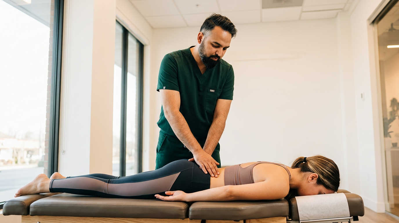 Dr. Patel, Indian male chiropractor in dark green scrubs, performing a gentle spinal assessment on a young woman in a modern chiropractic clinic. The patient is wearing athletic Pilates attire, leggings and a fitted top, lying face down on a chiropractic table. Clean clinic interior with white walls and natural light. Wide angle landscape composition, professional medical photography, warm and welcoming atmosphere. No white coat.

[Character: drp]  Adult South Asian man with a medium-to-deep warm brown skin tone and a strong, professional
  appearance. Oval to slightly long face, with a broad forehead, high hairline, and a well-defined
  beard that gives the lower face a stronger, more angular shape. Dark black hair with visible gray
  at the temples and sides, worn short on the sides in a fade/taper and longer on top, styled upward
   and back in a clean, voluminous quiff/pompadour. Hairline sits a bit high, with slight recession
  at the temples. Thick, dark, straight to gently arched eyebrows. Dark brown, medium-sized,
  slightly deep-set eyes with a calm, focused look. Medium width nose, straight in profile, with a
  rounded tip. Medium fullness lips, lower lip slightly fuller. Full, connected beard and mustache,
  mostly black with noticeable gray/silver strands, especially at the cheeks, sideburn area, and
  chin. Beard is shorter and neater on the cheeks and fuller/longer at the chin. Strong and
  masculine jawline. Solid and broad-shouldered, medium-to-stocky frame. Upright, composed, and
  confident posture. Keep realistic skin texture, natural pores, subtle under-eye detail, and
  authentic salt-and-pepper facial hair. Do not make the face overly smooth or overly youthful.

Style: quiet luxury, soft cinematic lighting, warm palette, professional, clean composition. Colors: primary #7F6B2E, secondary #9BA17F. Typography: Bodoni Moda headings, Manrope body.

Avoid: cartoon, clipart, stock photo watermark, neon colors, face distortion, white coat, lab coat, doctor coat