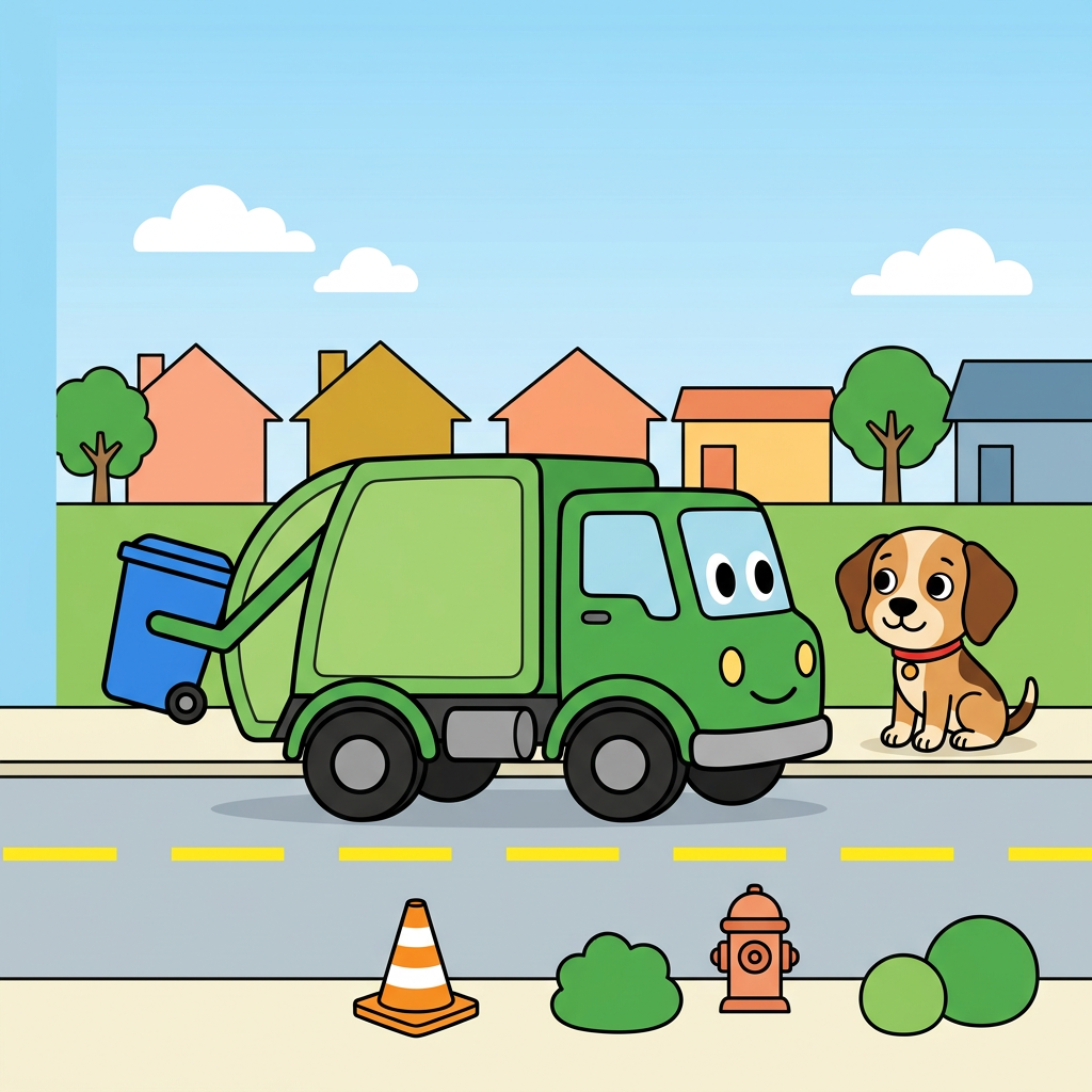 Use the attached reference image as the EXACT style, character, color and palette authority: reproduce the same smiling green cartoon garbage truck, the same tan-and-brown beagle puppy (Scout) with a red collar, and the same flat bright children's-book palette, all on-model.
A flat, bright, friendly children's vector illustration for a toddler coloring-book FRONT cover. Thick bold uniform black outlines, clean flat color fills, no shading, no texture, no photorealism, no gradients except a soft blue sky. Square, full-bleed art running to all four edges, no white border or frame.
RENDER NO TEXT: no letters, no words, no title, no badge, no signature anywhere in the image. Leave the upper ~30 percent as clean open blue sky with only a couple of simple white clouds, and keep the lower-left corner clean. All text is added later by the publisher.
Layout shifted DOWN from the top with generous empty-sky headroom. Upper-middle: a cheerful row of small colorful houses (peach, mustard-yellow, soft orange, dusty blue) with simple triangle and flat roofs plus two rounded green trees on the horizon, friendly and small. CENTER: the two hero characters large and centered as a pair, on-model with the reference. The smiling green garbage truck has its cab and friendly face on the RIGHT side (two big oval eyes and a smile on the cab), a rounded lighter-green body, chunky black wheels, and a lifting arm holding a single bright blue recycling bin on the truck's left side. Do not mirror or flip the truck. To the truck's right sits Scout, a tan-and-light-brown beagle with darker brown ears and back patch, big round black eyes with white highlights, a black button nose, a soft happy smile, and a red collar with a small round tag, sitting upright and turned slightly toward the truck.
BOTTOM ~25 percent: a LIVELY flat street scene that replaces any dead flat gray band. A light-gray road spanning the full width with a dashed bright-yellow center line, the truck's wheels resting on the road; above the road a lighter curb-and-sidewalk strip where Scout sits, giving a clear sidewalk-versus-street distinction. Scatter a FEW friendly roadside props low and with breathing room across the bottom-center and bottom-RIGHT only: an orange-and-white traffic cone, a small fire hydrant or mailbox, and two or three small round green bushes echoing the trees. Keep the lower-LEFT corner clean and empty (no cone, no hydrant, no bushes, no characters there) because a badge is added later in that corner. Exactly ONE recycling bin in the whole image, the blue one in the truck's arm; no second bin. Road and sidewalk bleed to the bottom and side edges.
Keep the truck-and-dog pair horizontally centered with comfortable empty margin from BOTH the left and right edges. The left ~150 px is the spine seam: background bleeds fully to the left edge with no white gap, but that strip stays plain continuous color only, plain sky on top and plain road/sidewalk on the bottom, with no houses, trees, props, bins or characters in it; the truck's rear must stay out of that left strip.
Vivid primary palette: red, sky blue, grass green, sunny yellow, warm tan. Repeat green (truck, trees, bushes) and blue (sky, the single bin). Sunny, safe, playful morning-on-a-friendly-street mood, big shapes, lots of air, uncluttered for ages 2 to 4. Flat bright fills and thick black outlines throughout. No new characters, no extra trucks, no text.
quiet luxury, soft cinematic lighting, warm palette, professional, clean composition. gold and muted warm green color tones.
Do not include: cartoon, clipart, stock photo watermark, neon colors, face distortion, white coat, lab coat, doctor coat.
