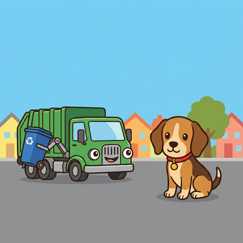 Bright cheerful full-color flat vector children picture book cover, SQUARE. TOP THIRD open plain blue sky empty. BOTTOM FIFTH plain flat road empty. MIDDLE only: the SAME chibi beagle Scout from reference, brown and tan, red collar gold tag, sitting on the right; a friendly green garbage truck lifting a blue recycling bin on the left, truck face from its own parts (round headlights are eyes, grille is the smile). Low simple colorful row houses and one tree. NO text NO letters. Bold clean outlines, flat bright colors, professional toddler picture book art.
quiet luxury, soft cinematic lighting, warm palette, professional, clean composition. gold and muted warm green color tones.
Do not include: cartoon, clipart, stock photo watermark, neon colors, face distortion, white coat, lab coat, doctor coat.