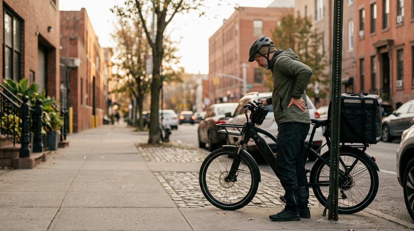 Blog hero for an article about delivery driver back pain in Brooklyn. Realistic editorial photo of an adult delivery bike courier outdoors on a Greenpoint/Williamsburg-style Brooklyn sidewalk, standing beside a parked delivery e-bike near a curb or bike rack, one hand lightly touching the low back after a long shift. No clinic interior, no bicycle inside an office, no doctor, no treatment scene, no faces prominently visible, no brand logos, no app names, no readable storefront or office signage, no text, no fake business names. Keep the bike clearly outside on the street. Landscape composition with open space for a website header.
quiet luxury, soft cinematic lighting, warm palette, professional, clean composition. gold and muted warm green color tones.
Do not include: cartoon, clipart, stock photo watermark, neon colors, face distortion, white coat, lab coat, doctor coat.