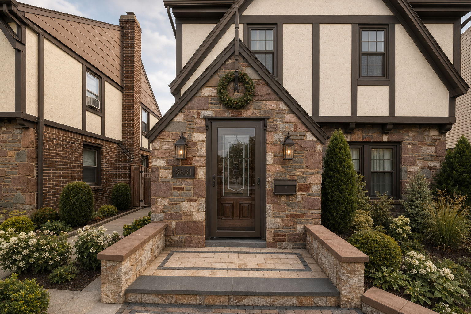 Create ONE photorealistic exterior architectural renovation visualization by editing the ORIGINAL supplied Home Front Entrance photo. Preserve this specific compact Tudor house, camera viewpoint, building massing, roof, window openings, neighbors and original multicolored stone masonry. Show the entrance and visible upper and right-hand facade so dark windows and repainted stucco are visible.
ABSOLUTE OWNER CONSTRAINT: the doors and hardscape were just replaced and MUST remain EXACTLY as in the original reference. Keep original wood door AND original glazed storm door, their color, panels, glazing and hardware. NO new walnut door, no removal of storm door, no enlargement of doorway. Keep all paving, brick/paver patterns, border colors, landing, steps, sidewall caps and stone sidewalls EXACTLY unchanged. No resurfacing, new gray caps, new steps or hardscape alterations. These constraints override any stylistic preference. Keep all stone unpainted.
Designer-led finish and detail renovation only: repaint stucco infill soft warm limestone off-white inspired by Sherwin-Williams Shoji White SW7042, not buttery cream or stark white. Repaint existing timbers, fascia, gable trim and finial rich warm brown-charcoal inspired by Black Fox SW7020. Retain timber layout. Replace white WINDOW FRAMES only with factory-look dark bronze/brown-black, keeping original opening sizes and window divisions. This does NOT authorize changes to entrance doors or storm door.
Add a modest new painted brown-charcoal casing AROUND existing doorway without obscuring or changing the doors: approximately 4-5 inch flat side casing, subtle inner stepped molding, slender shallow horizontal top cap and TWO small simple tapered corbels beneath cap ends. Not bulky columns or a new pediment/roof. Keep existing steep stone entrance gable and pointed finial visible.
Two matching traditional slender dark bronze clear-glass WALL lanterns, 24 inches overall height, 8-9 inch width, symmetrically flanking doorway on the stone, same center height around 70 inches above landing. Respect approximately 39 inches wall width on each side. Subtle warm-white light in daylight. Below left lantern, compact bronze horizontal house-number plaque retaining only the original reference digits if legible, otherwise blank rather than inventing. Below right lantern, slim rectangular dark bronze mailbox, NOT bright brass. Precisely align mailbox CENTER with plaque CENTER around 47 inches above landing. Keep door swing, mailbox lid and walking clearance.
One compact natural green wreath approximately 20 inches diameter on stone ABOVE casing and BELOW gable peak; short dark ribbon, no overlap with cap or finial. Remove loose freestanding decorative lanterns/clutter from landing, but do not alter any hardscape. Simplify planting only within current beds, with low rounded evergreens, restrained white flowers and soft grasses exposing right-hand windows; keep existing bed boundaries. Do not add pots or objects on steps. Neutral natural west-facing afternoon daylight, no orange sunset cast. Photorealistic inspiring cohesive restoration of SAME house. No people, labels, watermark, printed dimensions. Source measurements: 39 inches each side wall, 92.5 inches stoop-to-door measurement, 136 inches stoop to below finial. Treat as approximate reference, do not stretch architecture. Most important: original installed DOORS and HARDSCAPE are recognizable and UNCHANGED.

Home Front Entrance is depicted as: The exact private residential front entrance in the primary reference photograph. Tudor-style facade with irregular multicolored stone masonry, steep triangular stone entrance gable, dark brown trim and narrow pointed finial, centered dark-framed glazed storm door over a wood door, paved raised stoop, low stone side walls with brown caps, existing landscaping and neighboring context. Existing wall light and house-number plaque are left of the door; mailbox is right. Preserve actual architecture, stone pattern, door dimensions, perspective and proportions. Only change fixtures and decor explicitly requested. Do not replace this with a generic house or clinic. User measurements: use 39 inches of wall width on EACH side of door; stoop-to-door measurement 92.5 inches (endpoint as stated, not independently surveyed); stoop to just below the pointed finial 136 inches. These are design guidance, not a measured construction drawing..

quiet luxury, soft cinematic lighting, warm palette, professional, clean composition. gold and muted warm green color tones.

Do not include: cartoon, clipart, stock photo watermark, neon colors, face distortion, white coat, lab coat, doctor coat.