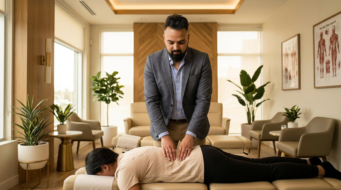 Dr. Patel chiropractor examining patient back in clinic, wide angle landscape

Dr. Patel is depicted as:  Adult South Asian man with a medium-to-deep warm brown skin tone and a strong, professional
  appearance. Oval to slightly long face, with a broad forehead, high hairline, and a well-defined
  beard that gives the lower face a stronger, more angular shape. Dark black hair with visible gray
  at the temples and sides, worn short on the sides in a fade/taper and longer on top, styled upward
   and back in a clean, voluminous quiff/pompadour. Hairline sits a bit high, with slight recession
  at the temples. Thick, dark, straight to gently arched eyebrows. Dark brown, medium-sized,
  slightly deep-set eyes with a calm, focused look. Medium width nose, straight in profile, with a
  rounded tip. Medium fullness lips, lower lip slightly fuller. Full, connected beard and mustache,
  mostly black with noticeable gray/silver strands, especially at the cheeks, sideburn area, and
  chin. Beard is shorter and neater on the cheeks and fuller/longer at the chin. Strong and
  masculine jawline. Solid and broad-shouldered, medium-to-stocky frame. Upright, composed, and
  confident posture. Keep realistic skin texture, natural pores, subtle under-eye detail, and
  authentic salt-and-pepper facial hair. Do not make the face overly smooth or overly youthful..

quiet luxury, soft cinematic lighting, warm palette, professional, clean composition. gold and muted warm green color tones.

Do not include: cartoon, clipart, stock photo watermark, neon colors, face distortion, white coat, lab coat, doctor coat.