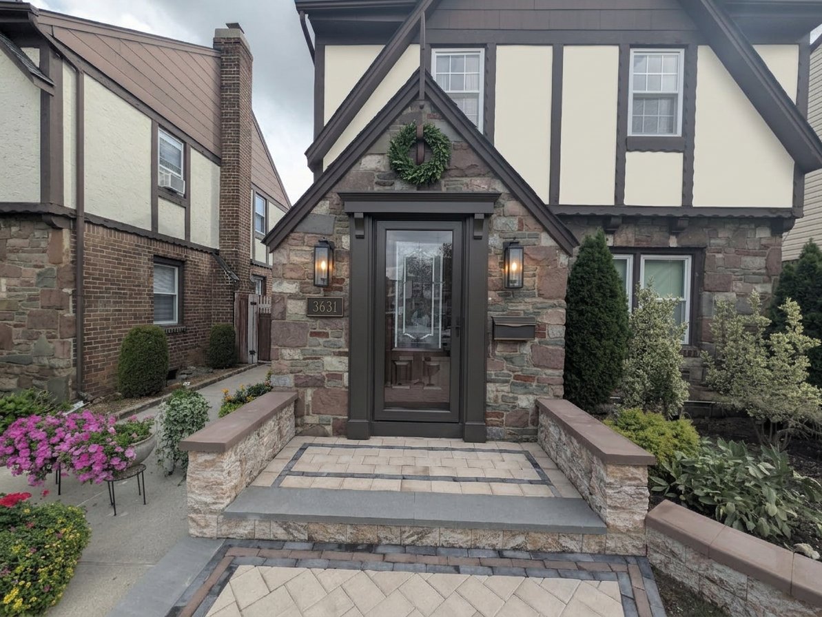 Architectural designer's photorealistic renovation visualization: EDIT the provided photograph of this exact Tudor Revival house. Preserve the photograph's perspective, real multicolored irregular stonework, steep triangular entrance gable and its finial, half-timbered upper facade, windows, original wood entry door behind the glazed dark storm door, stoop, side walls, neighboring houses and planting. Do not redesign the whole building, enlarge the door, replace masonry or invent a generic house. The redesign must be clearly visible but restrained and historically sympathetic.
RECOMMENDED DESIGN: Add a substantial new door surround painted deep warm espresso brown matching existing Tudor timber trim, NOT white or cream. Approximately 5-inch-wide flat vertical casings with a restrained narrow stepped/beaded inner molding, a roughly 7-inch-tall horizontal frieze across the top, and a slim shallow projecting cap molding. Add TWO small simple solid tapered wooden corbels beneath the ends of the projecting cap, one each side; no elaborate scrolls or classical columns. Keep the actual door opening and storm-door operation unobstructed. The cap is a compact horizontal feature above the door, NOT a new porch roof or new triangular pediment; keep existing stone gable trim and pointed finial intact. Leave generous visible stone between header and gable peak.
Replace the left wall light with TWO exactly matching 24-inch TOTAL HEIGHT traditional elongated blackened-bronze wall lanterns, including top and bottom details, with slender approximately 9-inch-wide clear-glass bodies, subtle warm-white light. Not tiny sconces and not giant bulky coach lights. Place them symmetrically on the stone panels left and right, with centers approximately 70 inches above the top landing, same mounting height. Each side has 39 inches of wall width before proposed casing; position lanterns centrally within remaining stone area and keep fixtures independent of the casing. Lantern tops sit below the new door cap.
Keep a single tasteful horizontal dark bronze house-number plaque below the LEFT wall lantern. Preserve existing digits exactly only if legible; otherwise leave an unobtrusive blank plaque rather than inventing numbers. Keep one replacement slim rectangular dark bronze wall-mounted mailbox below the RIGHT lantern, with practical lid and understated detailing; relocate vertically so its CENTER aligns approximately with plaque center, about 46-48 inches above the top landing, while keeping it accessible and clear of door hardware. Show no duplicate old fixtures. Address and mailbox should form a calm secondary horizontal alignment, not compete with lanterns.
One restrained natural green wreath approximately 20-22 inches diameter with a short dark-brown ribbon centered in the STONE FIELD ABOVE THE NEW DOOR CAP and below the triangular gable peak. Leave visible stone around it and a gap above the cap. Never hang on the pointed finial; never obscure the door or new molding. Do not stretch the gable to accommodate the wreath. Remove all four freestanding floor lanterns from the stoop so the entrance is uncluttered and walkable; retain existing stone sidewalls and landscaping. No extra planters on steps.
Reference measurements supplied by owner: 39 inches wall width each side, stoop-to-door measurement approximately 92.5 inches, and stoop to just beneath the pointed finial 136 inches. Approximate design visualization only, no printed dimensions. Show the whole original entrance and enough upper facade to demonstrate architectural compatibility. Bright soft daylight, realistic materials, subtle warm lantern glow. Residential Tudor design, no clinic branding, no people, no text overlays, no watermarks. Prioritize photo fidelity and visibly added dark surround/corbels with correctly larger 24-inch lanterns.
FINAL WHOLE-FACADE PAINT SCHEME — IMPORTANT NEW REQUIREMENT: Show enough of the EXISTING upper half-timbered facade from the supplied image to clearly see the repaint, without inventing upper stories or additional windows. Refinish every visible STUCCO infill panel in a warm limestone off-white inspired by Sherwin-Williams Shoji White SW 7042: soft light warm greige, not buttery yellow, stark white, gray-blue or pink. Retain authentic fine stucco texture but remove visible peeling as a finished-renovation visualization. Repaint all existing timber strips, gable trim, finial, fascia and new doorway surround in a consistent deep warm brown-charcoal inspired by Sherwin-Williams Black Fox SW 7020: visibly darker than original timber, satin low-gloss, not jet black or orange chocolate. This color specification supersedes the earlier espresso wording. Retain the warmth of the original natural wood door. Leave all existing multicolored NATURAL STONE AND MORTAR COMPLETELY UNPAINTED and untouched. Do not spread cream paint onto stone. Keep actual roof material/color unchanged. Show neutral balanced afternoon daylight on this west-facing frontage, not dramatic orange sunset and not nighttime; subtle warm light inside lanterns. Precise commercial paint matching cannot be rendered; create a convincing real-world approximation.
Refine the previous concept: keep the header light and shallow rather than massive, with small tapered corbels, avoiding bulky false columns. Plaque LEFT and slim mailbox RIGHT must have their CENTERLINES aligned on the same horizontal line beneath the lanterns, approximately 47 inches above landing; do not place mailbox a foot lower than plaque. Match wall lantern centers precisely, with clearly elongated 24-inch fixtures. Use one compact wreath that fits below the gable peak without covering the cap or finial. Clear the stoop of freestanding lanterns; no new clutter. The best finished version should feel thoughtfully restored and welcoming, not a different house. No paint swatches or captions over the image.

Home Front Entrance is depicted as: The exact private residential front entrance in the primary reference photograph. Tudor-style facade with irregular multicolored stone masonry, steep triangular stone entrance gable, dark brown trim and narrow pointed finial, centered dark-framed glazed storm door over a wood door, paved raised stoop, low stone side walls with brown caps, existing landscaping and neighboring context. Existing wall light and house-number plaque are left of the door; mailbox is right. Preserve actual architecture, stone pattern, door dimensions, perspective and proportions. Only change fixtures and decor explicitly requested. Do not replace this with a generic house or clinic. User measurements: use 39 inches of wall width on EACH side of door; stoop-to-door measurement 92.5 inches (endpoint as stated, not independently surveyed); stoop to just below the pointed finial 136 inches. These are design guidance, not a measured construction drawing..

quiet luxury, soft cinematic lighting, warm palette, professional, clean composition. gold and muted warm green color tones.

Do not include: cartoon, clipart, stock photo watermark, neon colors, face distortion, white coat, lab coat, doctor coat.