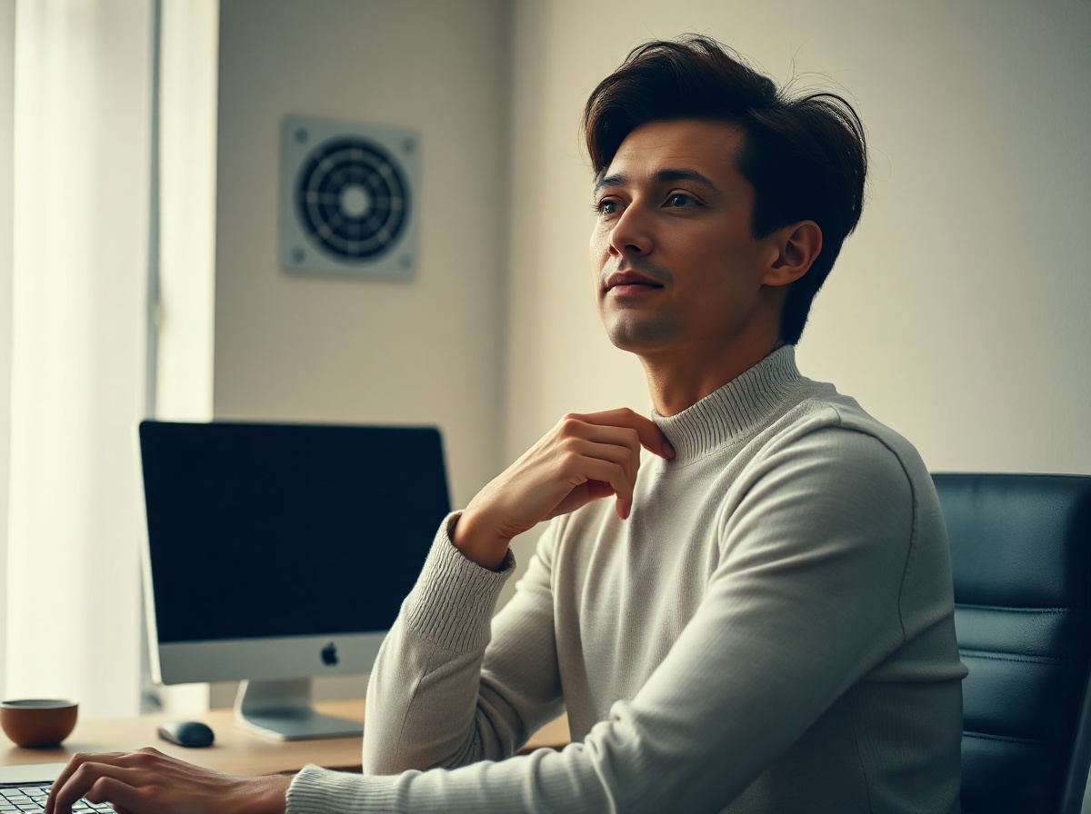 Calm modern office scene, person at desk wearing a light sweater, AC vent subtly implied, hand gently resting near neck, professional and non-dramatic
quiet luxury, soft cinematic lighting, warm palette, professional, clean composition. gold and muted warm green color tones.
Do not include: cartoon, clipart, stock photo watermark, neon colors, face distortion, white coat, lab coat, doctor coat.