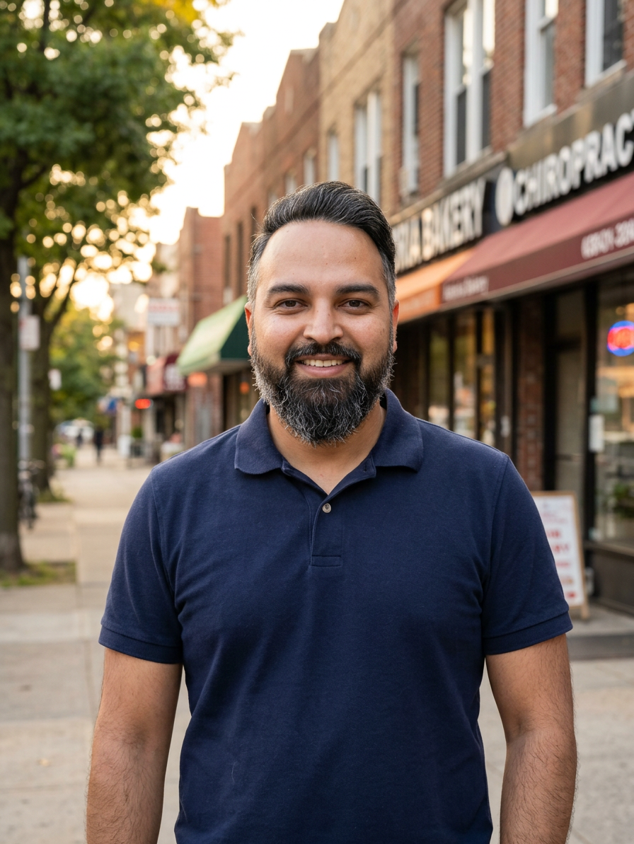 @drp portrait of Dr. Patel, a chiropractor, standing outdoors on a charming tree-lined commercial street in Astoria Queens New York. Local shops and brick buildings behind him. He is wearing a navy blue polo shirt. Arms naturally at his sides, warm confident smile. Soft golden hour light. Shot on 85mm lens, shallow depth of field, natural skin texture. No white coat, no lab coat.

[Character: drp]  Adult South Asian man with a medium-to-deep warm brown skin tone and a strong, professional
  appearance. Oval to slightly long face, with a broad forehead, high hairline, and a well-defined
  beard that gives the lower face a stronger, more angular shape. Dark black hair with visible gray
  at the temples and sides, worn short on the sides in a fade/taper and longer on top, styled upward
   and back in a clean, voluminous quiff/pompadour. Hairline sits a bit high, with slight recession
  at the temples. Thick, dark, straight to gently arched eyebrows. Dark brown, medium-sized,
  slightly deep-set eyes with a calm, focused look. Medium width nose, straight in profile, with a
  rounded tip. Medium fullness lips, lower lip slightly fuller. Full, connected beard and mustache,
  mostly black with noticeable gray/silver strands, especially at the cheeks, sideburn area, and
  chin. Beard is shorter and neater on the cheeks and fuller/longer at the chin. Strong and
  masculine jawline. Solid and broad-shouldered, medium-to-stocky frame. Upright, composed, and
  confident posture. Keep realistic skin texture, natural pores, subtle under-eye detail, and
  authentic salt-and-pepper facial hair. Do not make the face overly smooth or overly youthful.

Style: quiet luxury, soft cinematic lighting, warm palette, professional, clean composition. Colors: primary #7F6B2E, secondary #9BA17F. Typography: Bodoni Moda headings, Manrope body.

Avoid: cartoon, clipart, stock photo watermark, neon colors, face distortion, white coat, lab coat, doctor coat