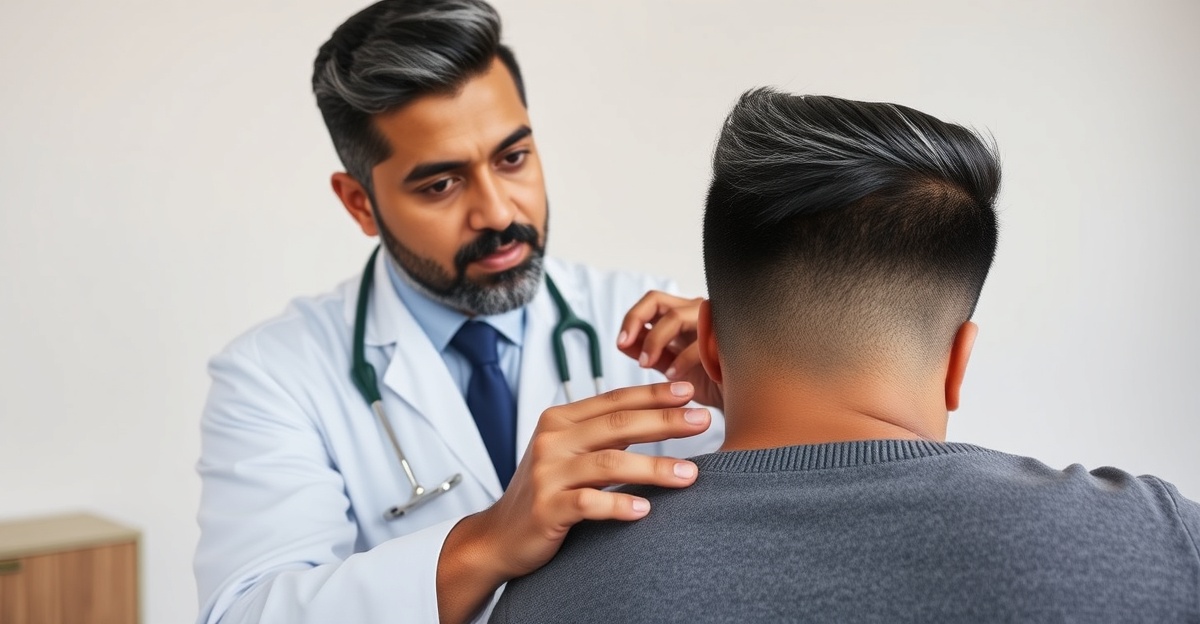 Dr. Patel examining upper back of young professional patient on treatment table, modern clinic white walls oak floors, wide angle landscape

Dr. Patel is depicted as:  Adult South Asian man with a medium-to-deep warm brown skin tone and a strong, professional
  appearance. Oval to slightly long face, with a broad forehead, high hairline, and a well-defined
  beard that gives the lower face a stronger, more angular shape. Dark black hair with visible gray
  at the temples and sides, worn short on the sides in a fade/taper and longer on top, styled upward
   and back in a clean, voluminous quiff/pompadour. Hairline sits a bit high, with slight recession
  at the temples. Thick, dark, straight to gently arched eyebrows. Dark brown, medium-sized,
  slightly deep-set eyes with a calm, focused look. Medium width nose, straight in profile, with a
  rounded tip. Medium fullness lips, lower lip slightly fuller. Full, connected beard and mustache,
  mostly black with noticeable gray/silver strands, especially at the cheeks, sideburn area, and
  chin. Beard is shorter and neater on the cheeks and fuller/longer at the chin. Strong and
  masculine jawline. Solid and broad-shouldered, medium-to-stocky frame. Upright, composed, and
  confident posture. Keep realistic skin texture, natural pores, subtle under-eye detail, and
  authentic salt-and-pepper facial hair. Do not make the face overly smooth or overly youthful..

quiet luxury, soft cinematic lighting, warm palette, professional, clean composition. gold and muted warm green color tones.

Do not include: cartoon, clipart, stock photo watermark, neon colors, face distortion, white coat, lab coat, doctor coat.