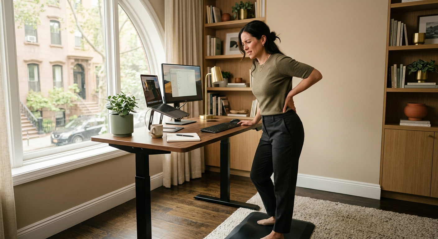 A person standing at a sleek standing desk in a modern home office, reaching back to touch their lower back with discomfort. Soft natural light through large window, warm neutral beige and sage tones, minimal modern decor. Brooklyn brownstone feel. Clean professional composition. High quality.

quiet luxury, soft cinematic lighting, warm palette, professional, clean composition. gold and muted warm green color tones.

Do not include: cartoon, clipart, stock photo watermark, neon colors, face distortion, white coat, lab coat, doctor coat.