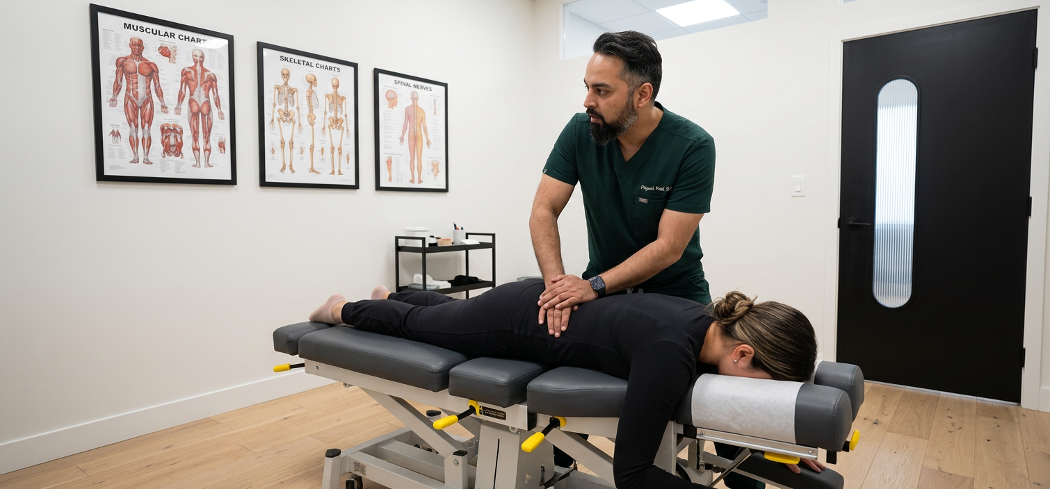 adjusting a patients lower back in the clinic

[Character: drp]  Adult South Asian man with a medium-to-deep warm brown skin tone and a strong, professional
  appearance. Oval to slightly long face, with a broad forehead, high hairline, and a well-defined
  beard that gives the lower face a stronger, more angular shape. Dark black hair with visible gray
  at the temples and sides, worn short on the sides in a fade/taper and longer on top, styled upward
   and back in a clean, voluminous quiff/pompadour. Hairline sits a bit high, with slight recession
  at the temples. Thick, dark, straight to gently arched eyebrows. Dark brown, medium-sized,
  slightly deep-set eyes with a calm, focused look. Medium width nose, straight in profile, with a
  rounded tip. Medium fullness lips, lower lip slightly fuller. Full, connected beard and mustache,
  mostly black with noticeable gray/silver strands, especially at the cheeks, sideburn area, and
  chin. Beard is shorter and neater on the cheeks and fuller/longer at the chin. Strong and
  masculine jawline. Solid and broad-shouldered, medium-to-stocky frame. Upright, composed, and
  confident posture. Keep realistic skin texture, natural pores, subtle under-eye detail, and
  authentic salt-and-pepper facial hair. Do not make the face overly smooth or overly youthful.
[Character: clinic] A modern, narrow rectangular chiropractic treatment room with a clean, minimal, upscale clinical look. The room has bright matte white walls, a white ceiling, white baseboards, and light natural oak wood plank flooring with a soft warm tone. The overall design is simple, uncluttered, and professional, with a calm medical aesthetic rather than a spa aesthetic.

The central focal point of the room is a premium chiropractic treatment table placed lengthwise in the middle of the room. The table has dark charcoal or deep gray padding, a light gray to off-white metal frame, and multiple bright yellow adjustment levers and handles. The table is large, segmented, and clearly a specialized chiropractic table, not a massage table.

Along the main wall are three vertically oriented framed anatomy posters in thin black frames with white mats. The posters show classic medical anatomical illustrations, including the muscular system, skeletal system, and spinal nerves. They are evenly spaced and mounted in a straight horizontal row above and behind the table, creating a clean visual rhythm.

Near the back corner of the room is a narrow leaning ladder shelf with a black metal frame and light wood shelves. The shelf holds a small number of clinical and office items such as tissues, paper towels, wipes, baskets, and small containers. Beside the shelf is a round rolling stool with a dark padded seat and chrome base.

On one side of the room is a simple desk area with a light-colored office chair, computer equipment, and a few practical work items, but this area should remain secondary and not dominate the image. On the opposite end of the room is a white wall-mounted cabinet and a compact rolling clinical utility cart with electrotherapy or rehab equipment, folded towels, wires, and supplies.

The room also includes a black door with a tall rounded-rectangle vertical window, adding a modern architectural detail. A few visible cords and small clinical devices are acceptable, but the room should still feel tidy, intentional, and professional.

Lighting is bright, neutral-to-cool clinical overhead lighting with soft natural realism. The room should feel real, functional, and high-end, with clean lines, minimal decor, and a polished chiropractic practice atmosphere.

Style: quiet luxury, soft cinematic lighting, warm palette, professional, clean composition. Colors: primary #7F6B2E, secondary #9BA17F. Typography: Bodoni Moda headings, Manrope body.

Avoid: cartoon, clipart, stock photo watermark, neon colors, face distortion