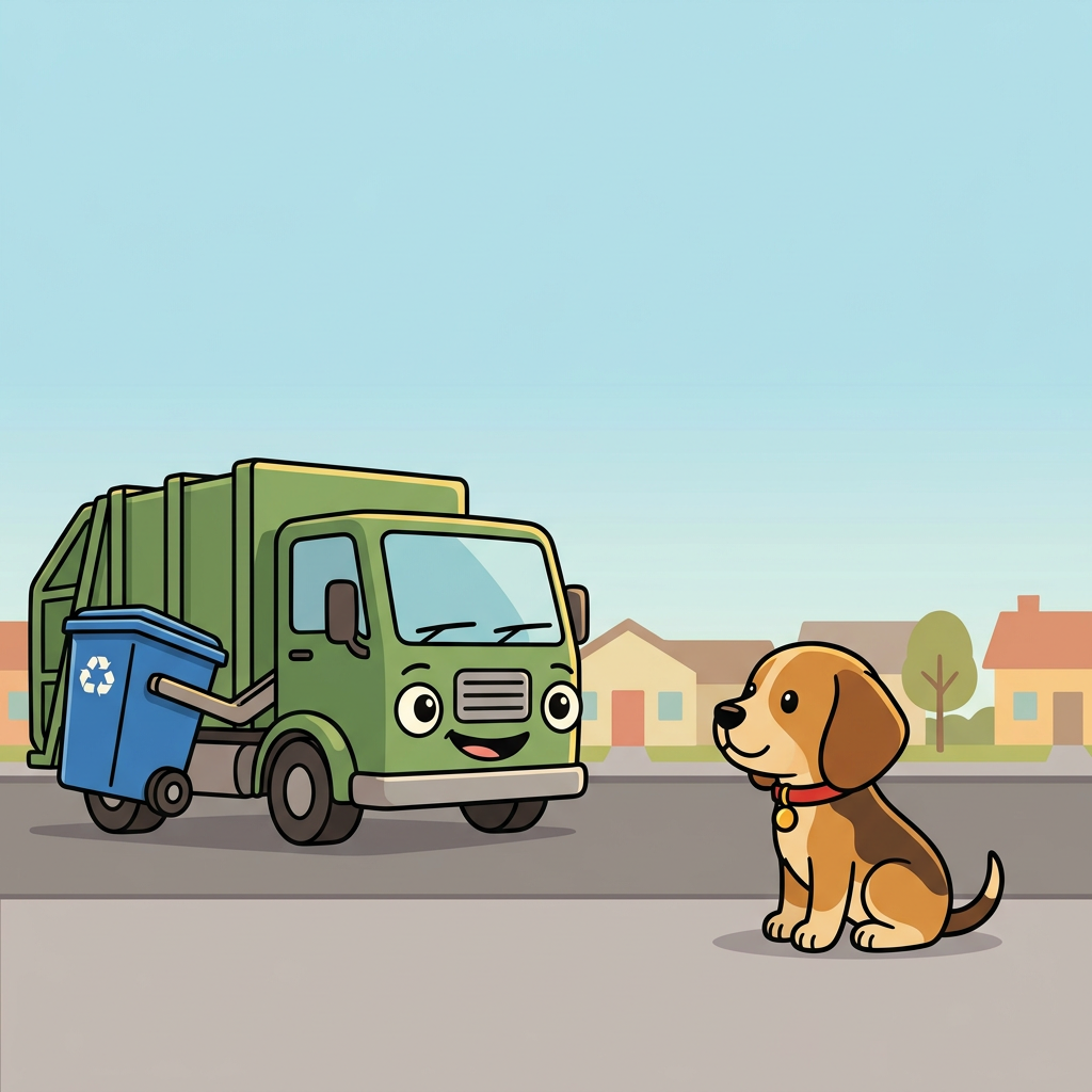 Bright cheerful full-color flat vector children picture book cover, SQUARE. Composition with deliberate empty space: the TOP THIRD is open plain sky with nothing in it (room for a title), and the BOTTOM FIFTH is a simple plain flat sidewalk and road with nothing on it (room for text). In the MIDDLE BAND only: the SAME chibi beagle puppy named Scout from the reference image, brown and tan, red collar with a small gold tag, sitting on the right, and a friendly green garbage truck lifting a blue recycling bin on the left. Keep the row houses and one tree LOW and small so they do not reach into the top sky. The truck face is from its own parts: round headlights are the eyes, front grille is a smiling mouth. Absolutely NO text, NO words, NO letters. Bold clean black outlines, flat bright colors, professional toddler picture book art.
quiet luxury, soft cinematic lighting, warm palette, professional, clean composition. gold and muted warm green color tones.
Do not include: cartoon, clipart, stock photo watermark, neon colors, face distortion, white coat, lab coat, doctor coat.