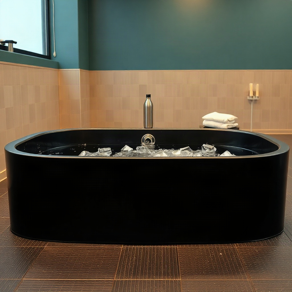 Documentary editorial photo of a purpose-built black athletic cold plunge tub in a bright modern gym recovery room. Clear still water filled with unmistakable floating ice cubes, visible condensation droplets on the tub exterior, cool daylight, rubber gym floor and a simple metal water bottle in the background. Empty scene, no people. No steam, vapor, mist, haze, sauna, hot tub jets, warm lighting, candles, towels, spa decor, text, logos, signage, or readable labels.

quiet luxury, soft cinematic lighting, warm palette, professional, clean composition. gold and muted warm green color tones.

Do not include: cartoon, clipart, stock photo watermark, neon colors, face distortion, white coat, lab coat, doctor coat.