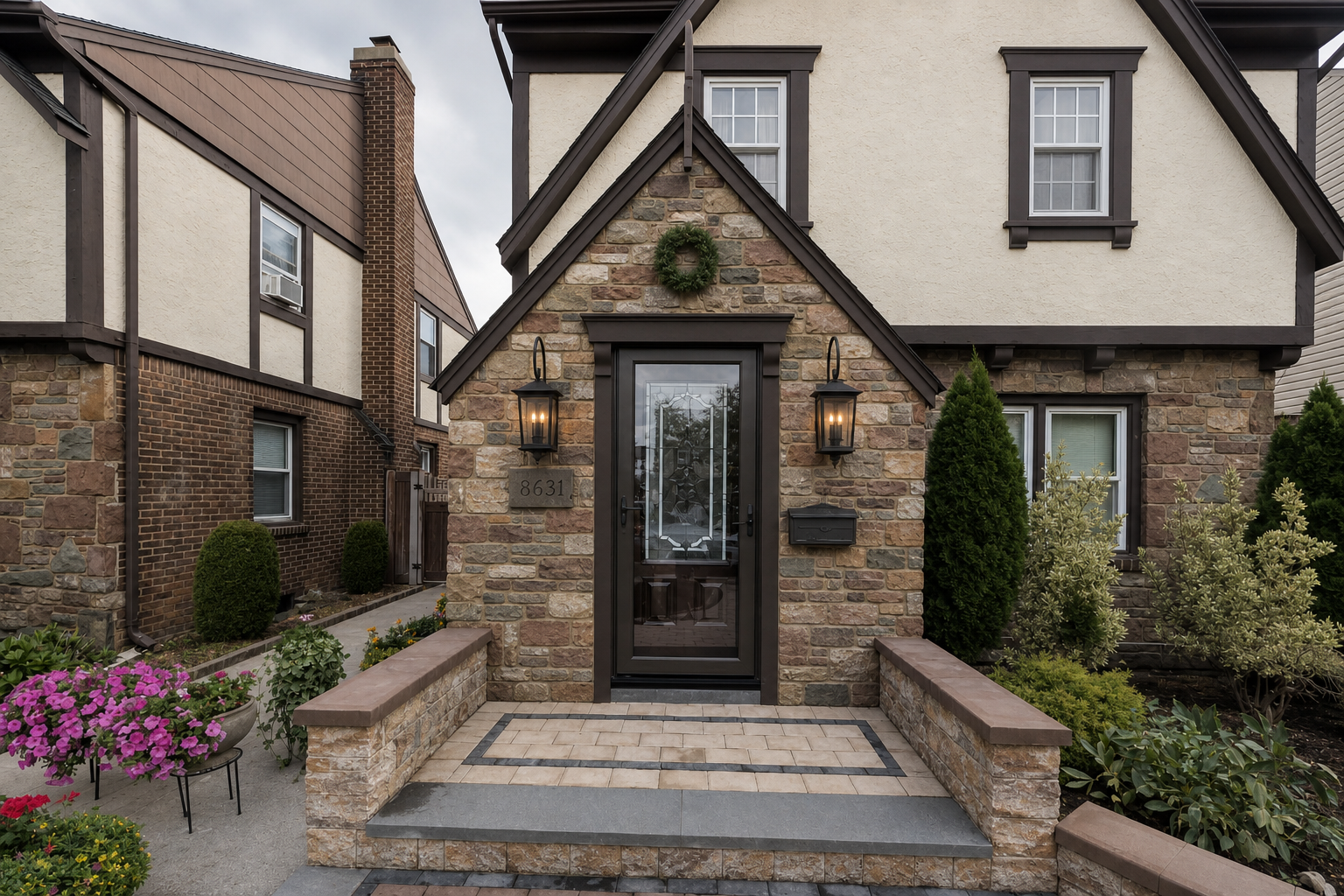 Photorealistic photo edit of the supplied original Home Front Entrance house photograph. Additional fixture reference shows the EXACT Hinkley Bromley oil rubbed bronze lantern to install in a matching pair, one each side of the entrance. Use HOUSE reference for architecture and fixture reference ONLY for the lights. Do not make a generic lantern. Reproduce its tall distinctive shepherd-hook arch and hanging loop, shallow hipped roof with layered rim, tapered clear four-sided glass enclosure, candle-style bulb cluster, flat bottom rim and rear rectangular backplate. NO top pointed finial, NO bottom finial, NO substitution of steep pyramid roof. The TOTAL height including the tall hook is 24.75 inches and width 10 inches: retain hook-to-body proportions in fixture photo. Each side stone panel is 39 inches wide so the fixture width should span about one quarter of its panel. Do not enlarge body to 24 inches PLUS hook. Match pair size and mounting heights. Show natural subtle warm bulb glow.
Retain exact original house massing, natural multicolored stone pattern, roofline, gable and finial, and ALL EXISTING DOORS INCLUDING STORM DOOR AND ALL HARDSCAPE: paving pattern, borders, steps, wall caps unchanged. No replacement doors or gray paving. Render approved renovation finishes: soft warm limestone off-white stucco inspired by Shoji White and warm deep brown-charcoal timbers/window frames inspired by Black Fox; window openings unchanged. Substantial 6-inch-wide dark casing with stepped molding, 9-inch-tall header and projecting cap supported by two visibly solid roughly 12-inch tapered corbels, not thin tiny brackets. Keep doors operable, no new roof or columns. Compact wreath on stone above header well below finial with gap. House plaque left and slim dark bronze mailbox right below lanterns, their centers aligned. Preserve original digits only if truly legible otherwise blank plaque. Clear freestanding floor lantern clutter, keep hardscape. Retain original planting beds, low tidy planting optional. Balanced daylight, whole entrance plus upper facade visible, no text overlay, no screenshots, no product dimension arrows. Highest priority EXACT distinctive Bromley hook/roof/body reproduced from attached fixture photo at believable 24.75 inch total scale, and protected door/hardscape unchanged. Inspiration visualization, no invented house architecture.