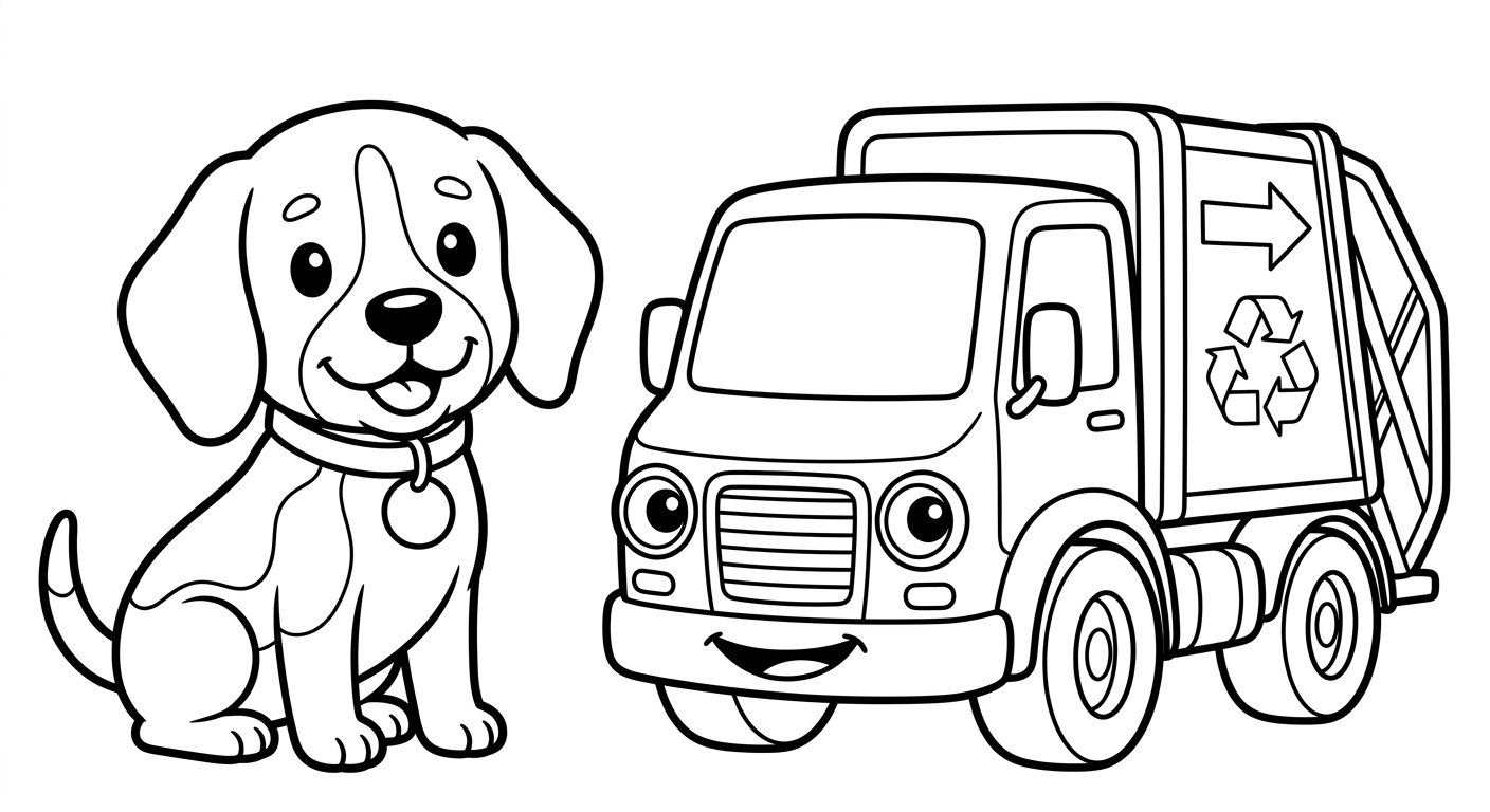 Black and white coloring book line art. The SAME chibi beagle Scout from reference (collar with round tag) sitting happily beside one friendly garbage truck with headlight eyes and grille smile, centered, lots of white space around them. Clean SOLID bold black outlines, simple smooth rounded shapes, NO furry texture, pure white background, no shading, no gray, NO solid black fills, NO text or letters, large open areas to color.
quiet luxury, soft cinematic lighting, warm palette, professional, clean composition. gold and muted warm green color tones.
Do not include: cartoon, clipart, stock photo watermark, neon colors, face distortion, white coat, lab coat, doctor coat.