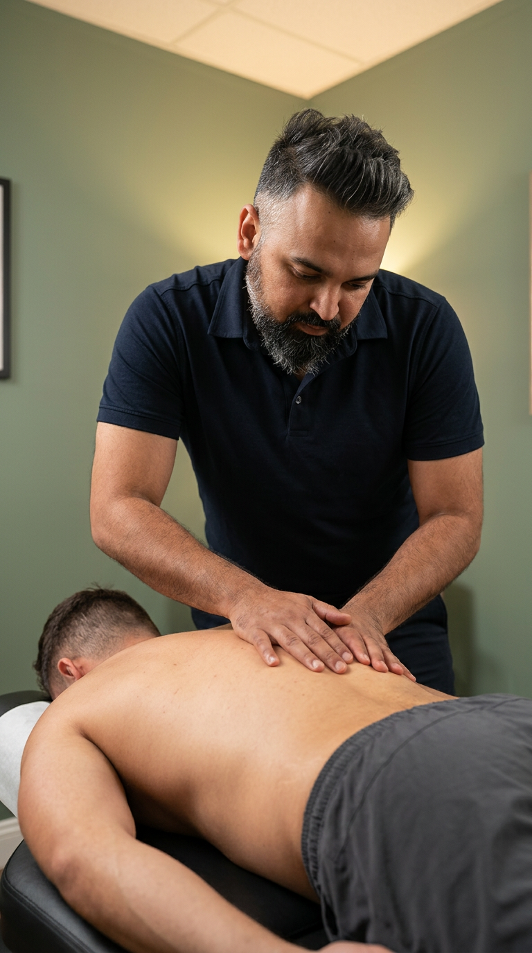 no text no signs no writing, vertical portrait composition, Dr. Patel wearing dark navy polo leaning down over treatment table, hands placed on upper back of shirtless athletic male patient lying face down, patient only wearing dark grey athletic shorts, bare back visible, warm clinic lighting, sage green walls, professional focused, editorial photography

[Character: drp]  Adult South Asian man with a medium-to-deep warm brown skin tone and a strong, professional
  appearance. Oval to slightly long face, with a broad forehead, high hairline, and a well-defined
  beard that gives the lower face a stronger, more angular shape. Dark black hair with visible gray
  at the temples and sides, worn short on the sides in a fade/taper and longer on top, styled upward
   and back in a clean, voluminous quiff/pompadour. Hairline sits a bit high, with slight recession
  at the temples. Thick, dark, straight to gently arched eyebrows. Dark brown, medium-sized,
  slightly deep-set eyes with a calm, focused look. Medium width nose, straight in profile, with a
  rounded tip. Medium fullness lips, lower lip slightly fuller. Full, connected beard and mustache,
  mostly black with noticeable gray/silver strands, especially at the cheeks, sideburn area, and
  chin. Beard is shorter and neater on the cheeks and fuller/longer at the chin. Strong and
  masculine jawline. Solid and broad-shouldered, medium-to-stocky frame. Upright, composed, and
  confident posture. Keep realistic skin texture, natural pores, subtle under-eye detail, and
  authentic salt-and-pepper facial hair. Do not make the face overly smooth or overly youthful.

Style: quiet luxury, soft cinematic lighting, warm palette, professional, clean composition. Colors: primary #7F6B2E, secondary #9BA17F. Typography: Bodoni Moda headings, Manrope body.

Avoid: cartoon, clipart, stock photo watermark, neon colors, face distortion, white coat, lab coat, doctor coat