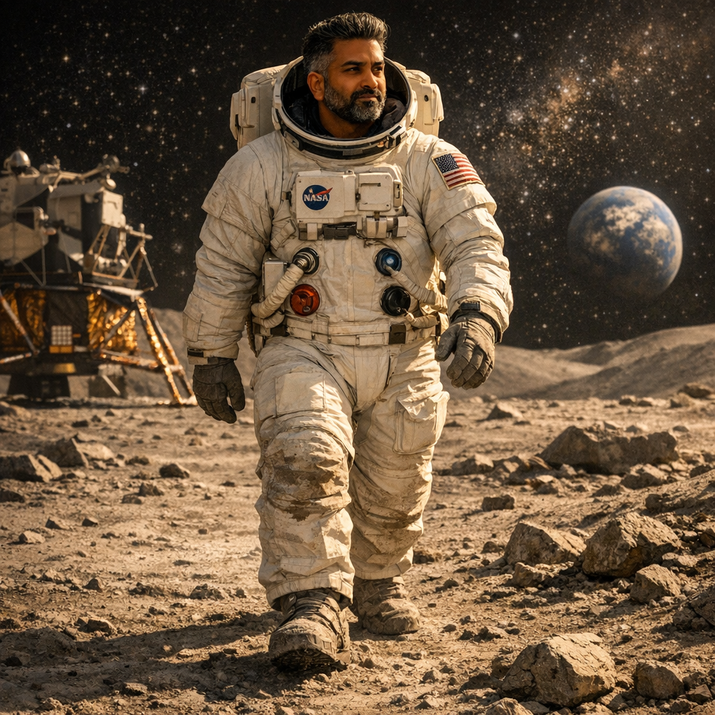 @drp walking on the moon

[Character: drp]  Adult South Asian man with a medium-to-deep warm brown skin tone and a strong, professional
  appearance. Oval to slightly long face, with a broad forehead, high hairline, and a well-defined
  beard that gives the lower face a stronger, more angular shape. Dark black hair with visible gray
  at the temples and sides, worn short on the sides in a fade/taper and longer on top, styled upward
   and back in a clean, voluminous quiff/pompadour. Hairline sits a bit high, with slight recession
  at the temples. Thick, dark, straight to gently arched eyebrows. Dark brown, medium-sized,
  slightly deep-set eyes with a calm, focused look. Medium width nose, straight in profile, with a
  rounded tip. Medium fullness lips, lower lip slightly fuller. Full, connected beard and mustache,
  mostly black with noticeable gray/silver strands, especially at the cheeks, sideburn area, and
  chin. Beard is shorter and neater on the cheeks and fuller/longer at the chin. Strong and
  masculine jawline. Solid and broad-shouldered, medium-to-stocky frame. Upright, composed, and
  confident posture. Keep realistic skin texture, natural pores, subtle under-eye detail, and
  authentic salt-and-pepper facial hair. Do not make the face overly smooth or overly youthful.

Style: quiet luxury, soft cinematic lighting, warm palette, professional, clean composition. Colors: primary #7F6B2E, secondary #9BA17F. Typography: Bodoni Moda headings, Manrope body.

Avoid: cartoon, clipart, stock photo watermark, neon colors, face distortion