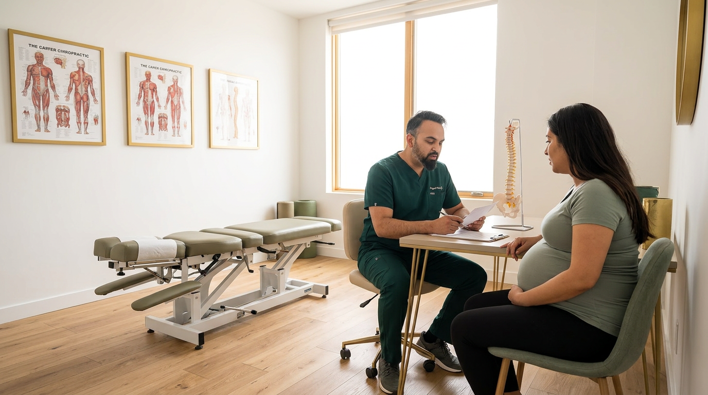 @drp Dr. Patel in dark green scrubs consulting with pregnant patient at desk in chiropractic clinic, explaining prenatal care, educational discussion, warm natural lighting, landscape wide angle, photorealistic professional medical photography
Dr. Patel: Adult South Asian man with a medium-to-deep warm brown skin tone and a strong, professional
appearance. Oval to slightly long face, with a broad forehead, high hairline, and a well-defined
beard that gives the lower face a stronger, more angular shape. Dark black hair with visible gray
at the temples and sides, worn short on the sides in a fade/taper and longer on top, styled upward
and back in a clean, voluminous quiff/pompadour. Hairline sits a bit high, with slight recession
at the temples. Thick, dark, straight to gently arched eyebrows. Dark brown, medium-sized,
slightly deep-set eyes with a calm, focused look. Medium width nose, straight in profile, with a
rounded tip. Medium fullness lips, lower lip slightly fuller. Full, connected beard and mustache,
mostly black with noticeable gray/silver strands, especially at the cheeks, sideburn area, and
chin. Beard is shorter and neater on the cheeks and fuller/longer at the chin. Strong and
masculine jawline. Solid and broad-shouldered, medium-to-stocky frame. Upright, composed, and
confident posture. Keep realistic skin texture, natural pores, subtle under-eye detail, and
authentic salt-and-pepper facial hair. Do not make the face overly smooth or overly youthful.
Treatment Room: A modern, narrow rectangular chiropractic treatment room with a clean, minimal, upscale clinical look. The room has bright matte white walls, a white ceiling, white baseboards, and light natural oak wood plank flooring with a soft warm tone. The overall design is simple, uncluttered, and professional, with a calm medical aesthetic rather than a spa aesthetic.
The central focal point of the room is a premium chiropractic treatment table placed lengthwise in the middle of the room. The table has dark charcoal or deep gray padding, a light gray to off-white metal frame, and multiple bright yellow adjustment levers and handles. The table is large, segmented, and clearly a specialized chiropractic table, not a massage table.
Along the main wall are three vertically oriented framed anatomy posters in thin black frames with white mats. The posters show classic medical anatomical illustrations, including the muscular system, skeletal system, and spinal nerves. They are evenly spaced and mounted in a straight horizontal row above and behind the table, creating a clean visual rhythm.
Near the back corner of the room is a narrow leaning ladder shelf with a black metal frame and light wood shelves. The shelf holds a small number of clinical and office items such as tissues, paper towels, wipes, baskets, and small containers. Beside the shelf is a round rolling stool with a dark padded seat and chrome base.
On one side of the room is a simple desk area with a light-colored office chair, computer equipment, and a few practical work items, but this area should remain secondary and not dominate the image. On the opposite end of the room is a white wall-mounted cabinet and a compact rolling clinical utility cart with electrotherapy or rehab equipment, folded towels, wires, and supplies.
The room also includes a black door with a tall rounded-rectangle vertical window, adding a modern architectural detail. A few visible cords and small clinical devices are acceptable, but the room should still feel tidy, intentional, and professional.
Lighting is bright, neutral-to-cool clinical overhead lighting with soft natural realism. The room should feel real, functional, and high-end, with clean lines, minimal decor, and a polished chiropractic practice atmosphere.
quiet luxury, soft cinematic lighting, warm palette, professional, clean composition. gold and muted warm green color tones.
Do not include: cartoon, clipart, stock photo watermark, neon colors, face distortion, white coat, lab coat, doctor coat.