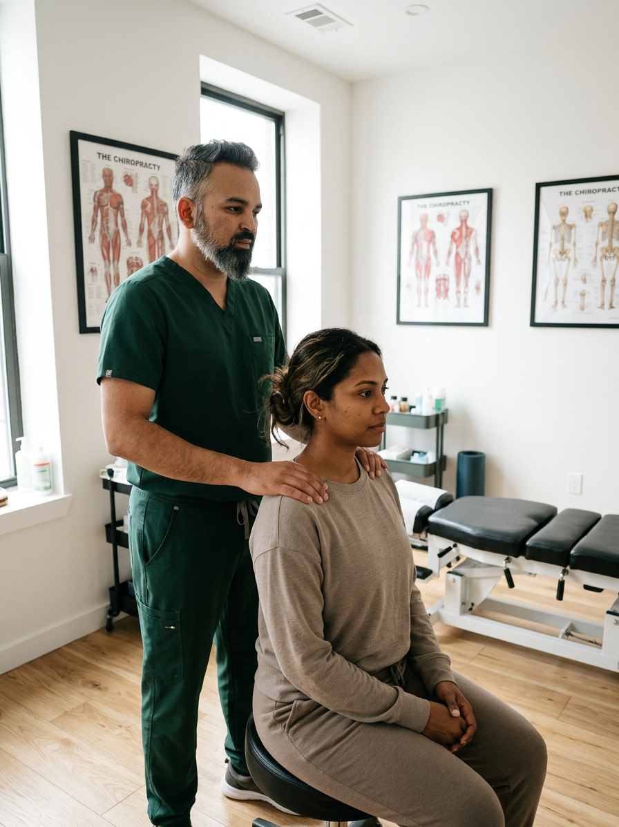 @drp, a warm professional male chiropractor in dark green scrubs (no white coat) standing behind a seated female patient in a bright modern clinic, using both hands to gently compare the height of her left and right shoulders during a posture assessment, white walls, oak floors, natural window light, candid photorealistic clinical moment
Dr. Patel: Adult South Asian man with a medium-to-deep warm brown skin tone and a strong, professional
appearance. Oval to slightly long face, with a broad forehead, high hairline, and a well-defined
beard that gives the lower face a stronger, more angular shape. Dark black hair with visible gray
at the temples and sides, worn short on the sides in a fade/taper and longer on top, styled upward
and back in a clean, voluminous quiff/pompadour. Hairline sits a bit high, with slight recession
at the temples. Thick, dark, straight to gently arched eyebrows. Dark brown, medium-sized,
slightly deep-set eyes with a calm, focused look. Medium width nose, straight in profile, with a
rounded tip. Medium fullness lips, lower lip slightly fuller. Full, connected beard and mustache,
mostly black with noticeable gray/silver strands, especially at the cheeks, sideburn area, and
chin. Beard is shorter and neater on the cheeks and fuller/longer at the chin. Strong and
masculine jawline. Solid and broad-shouldered, medium-to-stocky frame. Upright, composed, and
confident posture. Keep realistic skin texture, natural pores, subtle under-eye detail, and
authentic salt-and-pepper facial hair. Do not make the face overly smooth or overly youthful.
Treatment Room: A modern, narrow rectangular chiropractic treatment room with a clean, minimal, upscale clinical look. The room has bright matte white walls, a white ceiling, white baseboards, and light natural oak wood plank flooring with a soft warm tone. The overall design is simple, uncluttered, and professional, with a calm medical aesthetic rather than a spa aesthetic.
The central focal point of the room is a premium chiropractic treatment table placed lengthwise in the middle of the room. The table has dark charcoal or deep gray padding, a light gray to off-white metal frame, and multiple bright yellow adjustment levers and handles. The table is large, segmented, and clearly a specialized chiropractic table, not a massage table.
Along the main wall are three vertically oriented framed anatomy posters in thin black frames with white mats. The posters show classic medical anatomical illustrations, including the muscular system, skeletal system, and spinal nerves. They are evenly spaced and mounted in a straight horizontal row above and behind the table, creating a clean visual rhythm.
Near the back corner of the room is a narrow leaning ladder shelf with a black metal frame and light wood shelves. The shelf holds a small number of clinical and office items such as tissues, paper towels, wipes, baskets, and small containers. Beside the shelf is a round rolling stool with a dark padded seat and chrome base.
On one side of the room is a simple desk area with a light-colored office chair, computer equipment, and a few practical work items, but this area should remain secondary and not dominate the image. On the opposite end of the room is a white wall-mounted cabinet and a compact rolling clinical utility cart with electrotherapy or rehab equipment, folded towels, wires, and supplies.
The room also includes a black door with a tall rounded-rectangle vertical window, adding a modern architectural detail. A few visible cords and small clinical devices are acceptable, but the room should still feel tidy, intentional, and professional.
Lighting is bright, neutral-to-cool clinical overhead lighting with soft natural realism. The room should feel real, functional, and high-end, with clean lines, minimal decor, and a polished chiropractic practice atmosphere.
quiet luxury, soft cinematic lighting, warm palette, professional, clean composition. gold and muted warm green color tones.
Do not include: cartoon, clipart, stock photo watermark, neon colors, face distortion, white coat, lab coat, doctor coat.