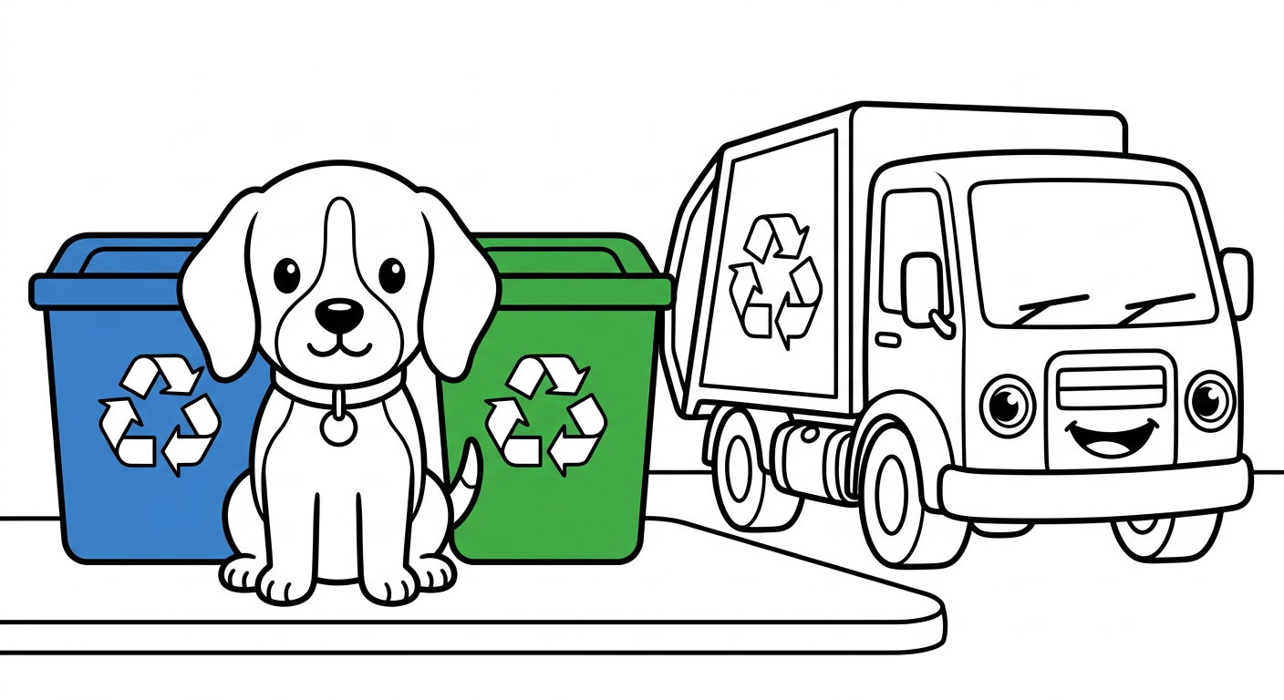 Black and white coloring book page for toddlers. The SAME chibi beagle puppy named Scout from the reference image, identical face and collar with the small round tag, sitting upright, sitting proudly between the blue and green recycling bins, next to/with a recycling truck beside two bins, one blue and one green. The truck has a friendly face from its OWN parts: the round headlights are the eyes and the front grille is a smiling mouth, no cartoon eyes on the windshield. A simple curb line under the scene, lots of white space. Clean SOLID bold black outlines, simple smooth rounded shapes, NO furry texture, pure white background, no shading, no gray, NO solid black fills anywhere, NO text or words or letters anywhere in the image, large open areas to color. CRITICAL: pure black and white line art, every object is WHITE inside with only black outlines, absolutely NO solid black fills, no dark shading, no black blobs anywhere.
quiet luxury, soft cinematic lighting, warm palette, professional, clean composition. gold and muted warm green color tones.
Do not include: cartoon, clipart, stock photo watermark, neon colors, face distortion, white coat, lab coat, doctor coat.