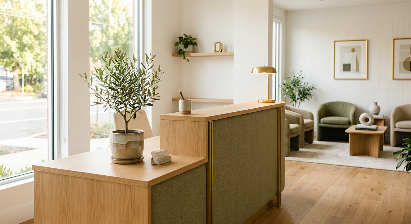 Bright modern chiropractic clinic reception desk with light wood counter, a potted plant, warm natural window light, white walls, oak floor, photorealistic interior, no people, no text
quiet luxury, soft cinematic lighting, warm palette, professional, clean composition. gold and muted warm green color tones.
Do not include: cartoon, clipart, stock photo watermark, neon colors, face distortion, white coat, lab coat, doctor coat.