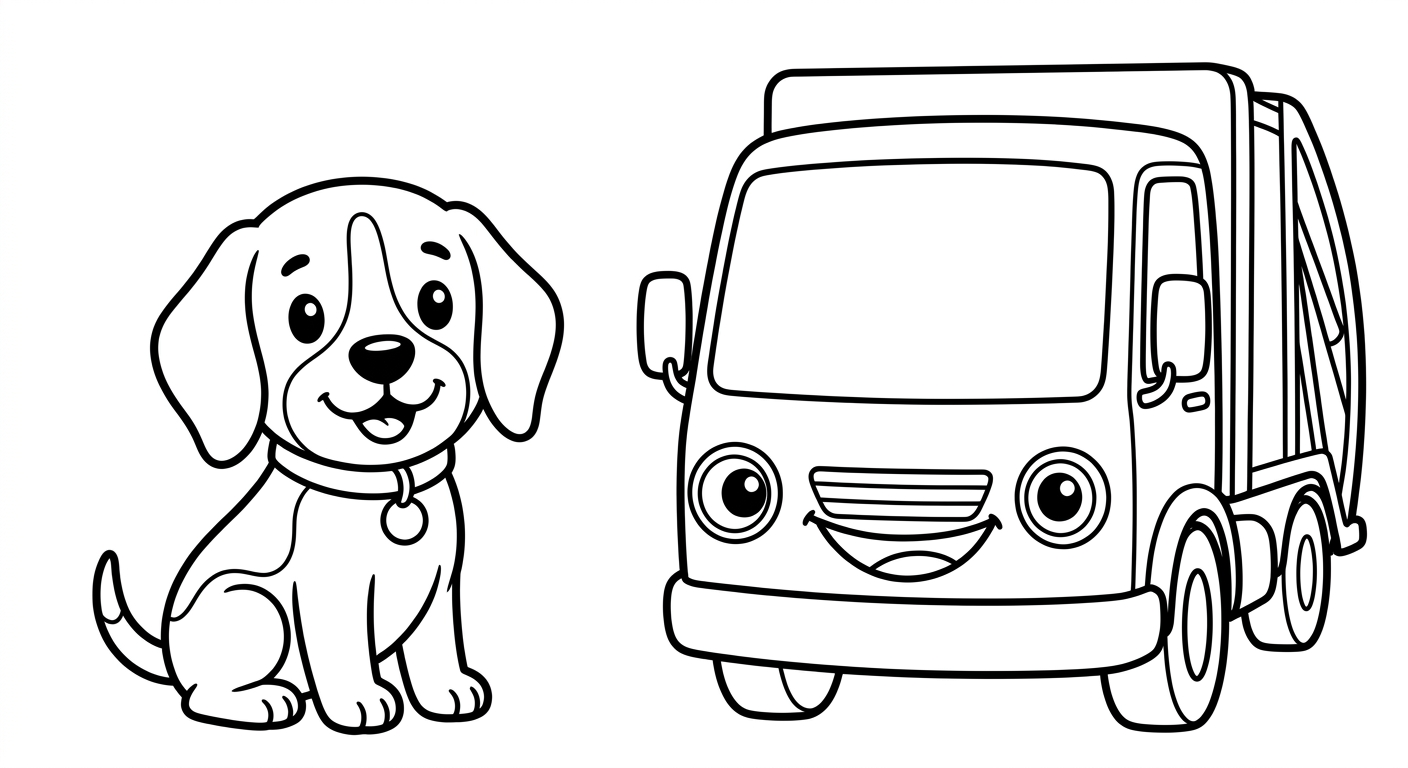 Black and white coloring book line art. The SAME chibi beagle Scout from the reference image, identical face and a simple round collar with a small round tag (NOT a bandana), sitting happily beside one friendly garbage truck. The truck face is made ONLY from its own parts: the two round headlights on the front are the eyes and the front grille is the smiling mouth. Do NOT draw cartoon eyes on the windshield, the windshield is empty glass. Centered with lots of empty white space all around. Clean SOLID bold black outlines, simple smooth rounded shapes, pure white background, no shading, no gray, NO solid black fills, NO text or letters, large open areas to color.
quiet luxury, soft cinematic lighting, warm palette, professional, clean composition. gold and muted warm green color tones.
Do not include: cartoon, clipart, stock photo watermark, neon colors, face distortion, white coat, lab coat, doctor coat.