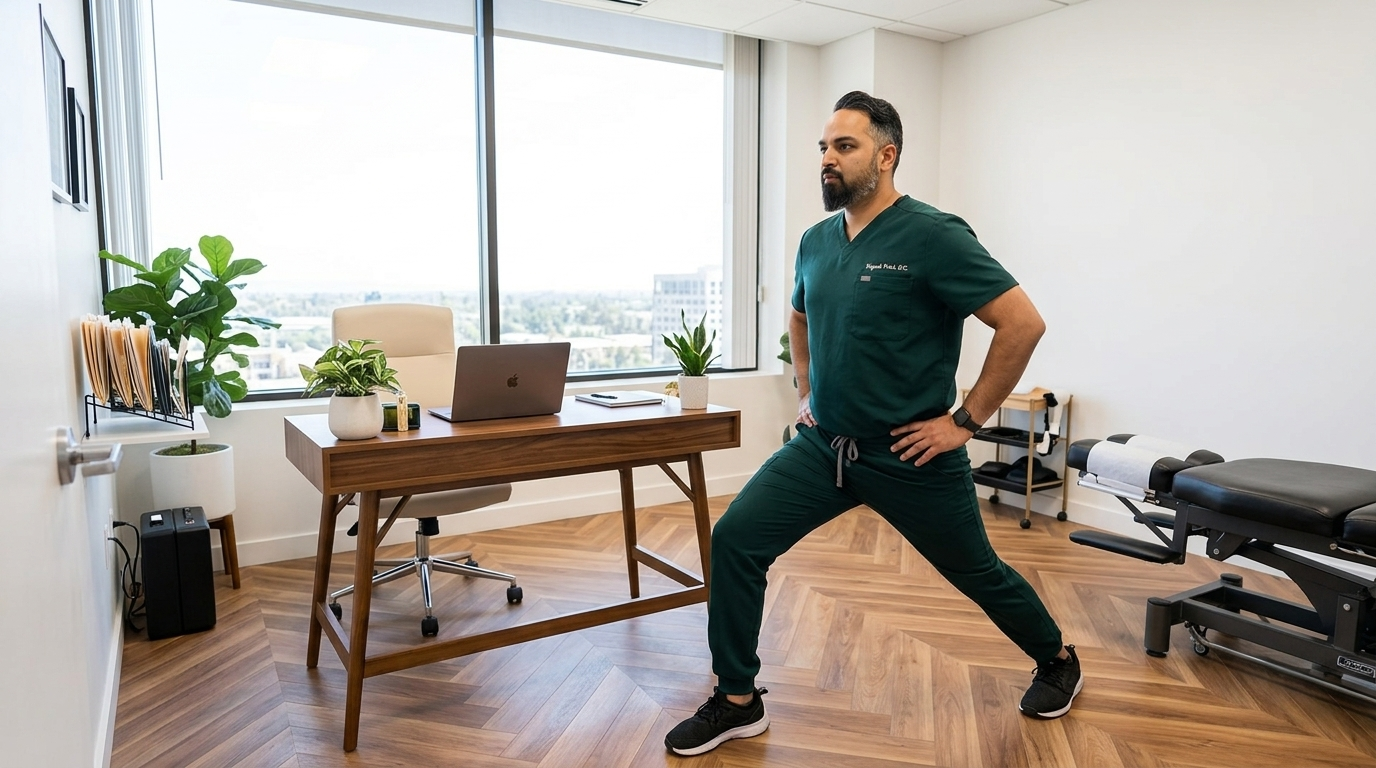 Dr. Patel in dark green scrubs demonstrating a standing hip flexor stretch in a bright modern chiropractic office, laptop visible on desk in background, wide angle landscape composition, natural daylight from window, clean professional setting, no white coat

[Character: drp]  Adult South Asian man with a medium-to-deep warm brown skin tone and a strong, professional
  appearance. Oval to slightly long face, with a broad forehead, high hairline, and a well-defined
  beard that gives the lower face a stronger, more angular shape. Dark black hair with visible gray
  at the temples and sides, worn short on the sides in a fade/taper and longer on top, styled upward
   and back in a clean, voluminous quiff/pompadour. Hairline sits a bit high, with slight recession
  at the temples. Thick, dark, straight to gently arched eyebrows. Dark brown, medium-sized,
  slightly deep-set eyes with a calm, focused look. Medium width nose, straight in profile, with a
  rounded tip. Medium fullness lips, lower lip slightly fuller. Full, connected beard and mustache,
  mostly black with noticeable gray/silver strands, especially at the cheeks, sideburn area, and
  chin. Beard is shorter and neater on the cheeks and fuller/longer at the chin. Strong and
  masculine jawline. Solid and broad-shouldered, medium-to-stocky frame. Upright, composed, and
  confident posture. Keep realistic skin texture, natural pores, subtle under-eye detail, and
  authentic salt-and-pepper facial hair. Do not make the face overly smooth or overly youthful.

Style: quiet luxury, soft cinematic lighting, warm palette, professional, clean composition. Colors: primary #7F6B2E, secondary #9BA17F. Typography: Bodoni Moda headings, Manrope body.

Avoid: cartoon, clipart, stock photo watermark, neon colors, face distortion, white coat, lab coat, doctor coat