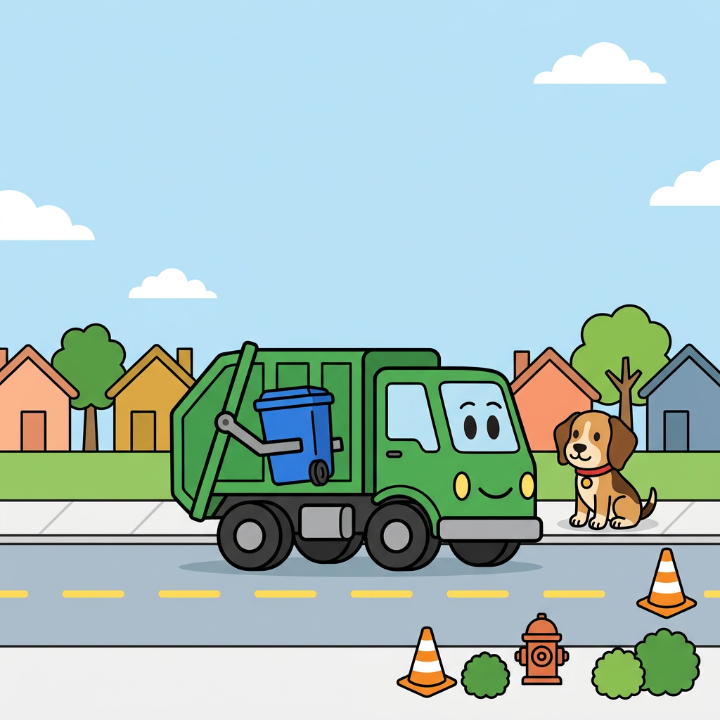 Use the attached reference image as the EXACT style, character, color and palette authority: reproduce the same smiling green cartoon garbage truck, the same tan-and-brown beagle puppy (Scout) with a red collar, and the same flat bright children's-book palette, all on-model.
A flat, bright, friendly children's vector illustration for a toddler coloring-book FRONT cover. Thick bold uniform black outlines, clean flat color fills, no shading, no texture, no photorealism, no gradients except a soft blue sky. Square, full-bleed art running to all four edges, no white border or frame.
RENDER NO TEXT: no letters, no words, no title, no badge, no signature anywhere in the image. All text is added later by the publisher.
CRITICAL VERTICAL LAYOUT — the whole scene is pushed DOWN to leave a big empty sky at the top. The TOP ~38 percent of the image MUST be empty open blue sky (lighter at the very top) with only two or three small simple white clouds, and NOTHING else up there: no houses, no rooftops, no trees, no title. This tall empty sky is deliberate headroom for a title added later. The row of houses and the horizon must start no higher than about 42 percent down from the top. Rough budget: empty sky 0 to 40 percent, houses and treetops on the horizon about 40 to 52 percent, the two hero characters centered in the 48 to 74 percent band, and the street scene from about 74 to 100 percent.
Upper-middle (around 40 to 52 percent down): a cheerful row of small colorful houses (peach, mustard-yellow, soft orange, dusty blue) with simple triangle and flat roofs plus two rounded green trees, friendly and small, sitting low on the horizon. CENTER: the two hero characters large and centered as a pair, on-model with the reference. The smiling green garbage truck has its cab and friendly face on the RIGHT side (two big oval eyes and a smile on the cab), a rounded lighter-green body, chunky black wheels, and a lifting arm holding a single bright blue recycling bin on the truck's left side. Do not mirror or flip the truck. To the truck's right sits Scout, a tan-and-light-brown beagle with darker brown ears and back patch, big round black eyes with white highlights, a black button nose, a soft happy smile, and a red collar with a small round tag, sitting upright and turned slightly toward the truck.
BOTTOM (about 74 to 100 percent): a LIVELY flat street scene that replaces any dead flat gray band. A light-gray road spanning the full width with a dashed bright-yellow center line, the truck's wheels resting on the road; above the road a lighter curb-and-sidewalk strip where Scout sits. Scatter a FEW friendly roadside props with breathing room across the bottom-center and bottom-RIGHT only: an orange-and-white traffic cone, a small fire hydrant or mailbox, and two or three small round green bushes. Keep the lower-LEFT corner clean and empty (no cone, no hydrant, no bushes, no characters) because a badge is added later in that corner. Exactly ONE recycling bin in the whole image, the blue one in the truck's arm; no second bin. Road and sidewalk bleed to the bottom and side edges.
Keep the truck-and-dog pair horizontally centered with comfortable empty margin from BOTH the left and right edges. The left ~150 px is the spine seam: background bleeds fully to the left edge with no white gap, but that strip stays plain continuous color only, plain sky on top and plain road/sidewalk on the bottom, with no houses, trees, props, bins or characters in it; the truck's rear must stay out of that left strip.
Vivid primary palette: red, sky blue, grass green, sunny yellow, warm tan. Repeat green (truck, trees, bushes) and blue (sky, the single bin). Sunny, safe, playful morning-on-a-friendly-street mood, big shapes, lots of air, uncluttered for ages 2 to 4. Flat bright fills and thick black outlines throughout. No new characters, no extra trucks, no text.
quiet luxury, soft cinematic lighting, warm palette, professional, clean composition. gold and muted warm green color tones.
Do not include: cartoon, clipart, stock photo watermark, neon colors, face distortion, white coat, lab coat, doctor coat.
