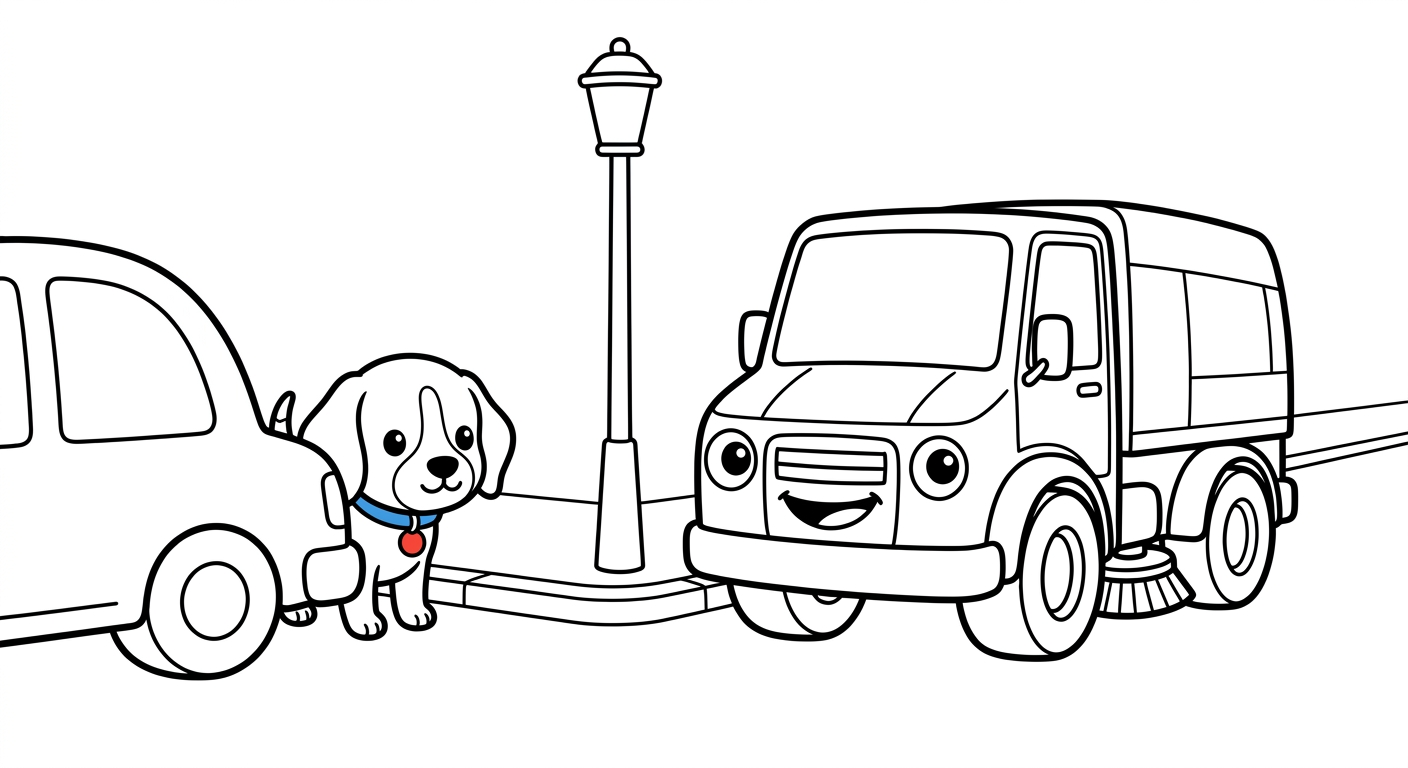 Black and white coloring book page for toddlers. The SAME chibi beagle puppy named Scout from the reference image, identical face and collar with the small round tag, peeking from behind something, peeking out from behind the parked car at the sweeper, next to/with a street sweeper rounding a corner past a parked car shape. The truck has a friendly face from its OWN parts: the round headlights are the eyes and the front grille is a smiling mouth, no cartoon eyes on the windshield. A simple scene with a curb and a lamppost, no more than two or three background shapes, lots of white space. Clean SOLID bold black outlines, simple smooth rounded shapes, NO furry texture, pure white background, no shading, no gray, NO solid black fills anywhere, NO text or words or letters anywhere in the image, large open areas to color.
quiet luxury, soft cinematic lighting, warm palette, professional, clean composition. gold and muted warm green color tones.
Do not include: cartoon, clipart, stock photo watermark, neon colors, face distortion, white coat, lab coat, doctor coat.