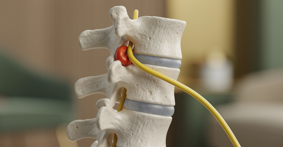 Create a medically plausible 3D anatomical teaching-model image focused only on the lower cervical spine, C4 through C7, in a lateral three-quarter cutaway view. Show four ivory cervical vertebrae with pale blue-gray intervertebral discs. At C5-C6, a small posterolateral disc bulge must visibly contact and slightly flatten one continuous yellow nerve root as it exits through the neural foramen. The yellow nerve begins inside the spinal canal, passes through the bony opening, and continues several inches outward toward the shoulder. Make this single physical contact point the unmistakable focal point, with a restrained red-orange highlight only at the compressed segment. Wide horizontal blog featured image with the anatomy centered and fully in frame against a softly blurred modern clinic background. No skull or jaw, no people, no hands, no text, no labels, no arrows, no gore, no transparent skin, no X-ray effect, no glowing entire spine, no multiple compression sites, no duplicated or disconnected nerves, no floating bones, no extra vertebrae.
quiet luxury, soft cinematic lighting, warm palette, professional, clean composition. gold and muted warm green color tones.
Do not include: cartoon, clipart, stock photo watermark, neon colors, face distortion, white coat, lab coat, doctor coat.