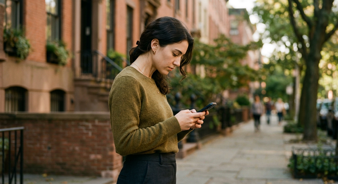 Premium realistic lifestyle photo of a young adult in Brooklyn looking down at a smartphone with subtle neck tension and forward head posture, elegant minimal composition, soft natural light, no text overlay, no illustration

Style: quiet luxury, soft cinematic lighting, warm palette, professional, clean composition. Colors: primary #7F6B2E, secondary #9BA17F. Typography: Bodoni Moda headings, Manrope body.

Avoid: cartoon, clipart, stock photo watermark, neon colors, face distortion, white coat, lab coat, doctor coat
