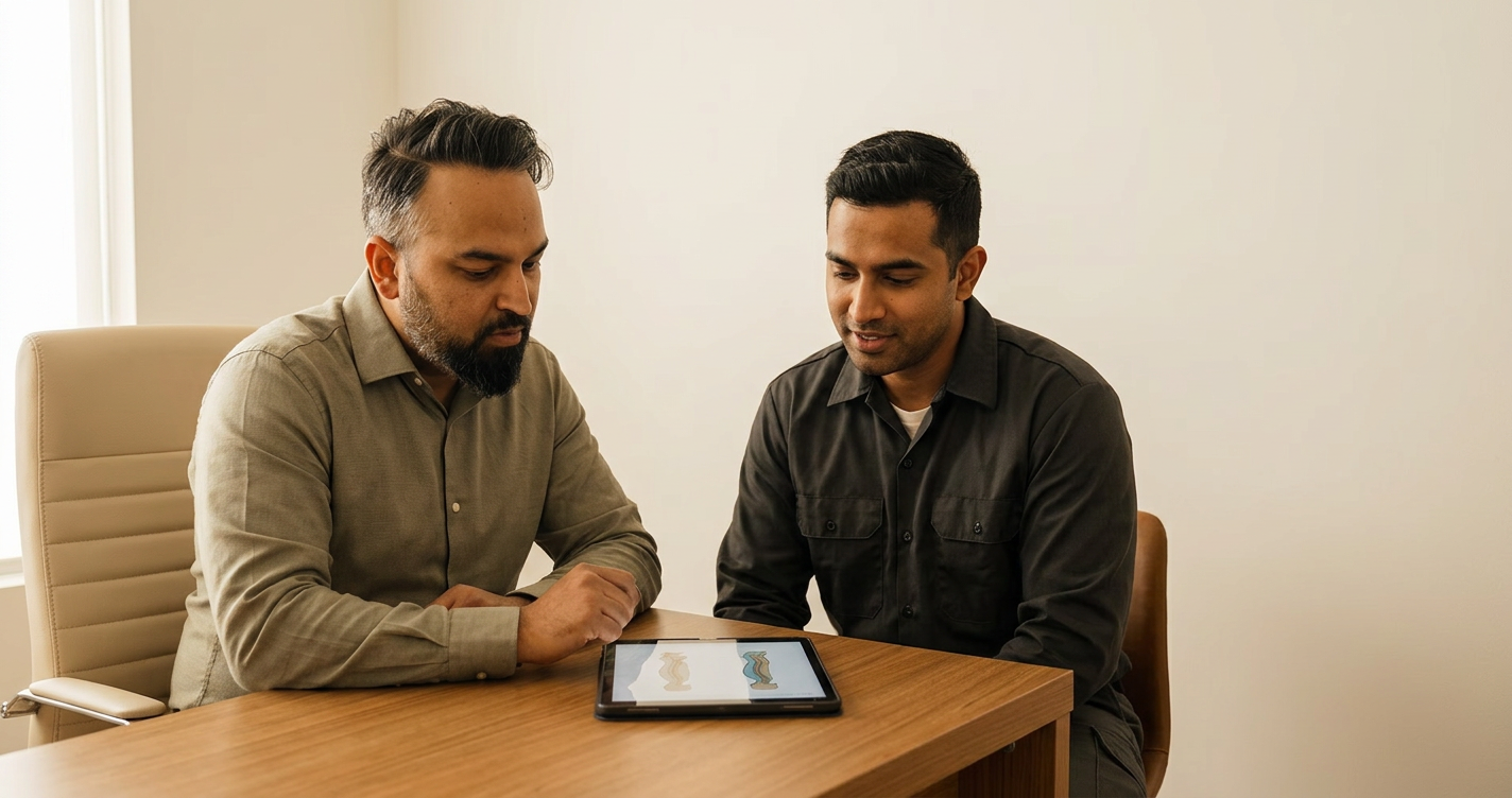 Wide horizontal landscape blog hero, 1200 by 628 aspect ratio. Modern chiropractic clinic consultation room with plain clean walls and no signs or posters. Dr. Patel in professional clinic attire sits beside a warehouse logistics worker at a desk, reviewing a tablet with a simple posture illustration. Calm educational consultation, no one lifting, no one injured. Dr. Patel expression is serious, neutral, attentive, mouth closed, not smiling, not posing. Worker is comfortable and engaged, neutral expression, not grimacing, not in pain. Exactly two people total: one doctor and one worker. Both upper bodies fully visible inside a wide frame with generous margins. No text anywhere, no signage, no posters, no vertical portrait, no cropped heads, no cropped hands, no duplicate doctor, no second Dr. Patel, no mirrors, no reflections, no extra faces, no split-screen, no collage.

Dr. Patel is depicted as:  Adult South Asian man with a medium-to-deep warm brown skin tone and a strong, professional
  appearance. Oval to slightly long face, with a broad forehead, high hairline, and a well-defined
  beard that gives the lower face a stronger, more angular shape. Dark black hair with visible gray
  at the temples and sides, worn short on the sides in a fade/taper and longer on top, styled upward
   and back in a clean, voluminous quiff/pompadour. Hairline sits a bit high, with slight recession
  at the temples. Thick, dark, straight to gently arched eyebrows. Dark brown, medium-sized,
  slightly deep-set eyes with a calm, focused look. Medium width nose, straight in profile, with a
  rounded tip. Medium fullness lips, lower lip slightly fuller. Full, connected beard and mustache,
  mostly black with noticeable gray/silver strands, especially at the cheeks, sideburn area, and
  chin. Beard is shorter and neater on the cheeks and fuller/longer at the chin. Strong and
  masculine jawline. Solid and broad-shouldered, medium-to-stocky frame. Upright, composed, and
  confident posture. Keep realistic skin texture, natural pores, subtle under-eye detail, and
  authentic salt-and-pepper facial hair. Do not make the face overly smooth or overly youthful..

quiet luxury, soft cinematic lighting, warm palette, professional, clean composition. gold and muted warm green color tones.

Do not include: cartoon, clipart, stock photo watermark, neon colors, face distortion, white coat, lab coat, doctor coat.