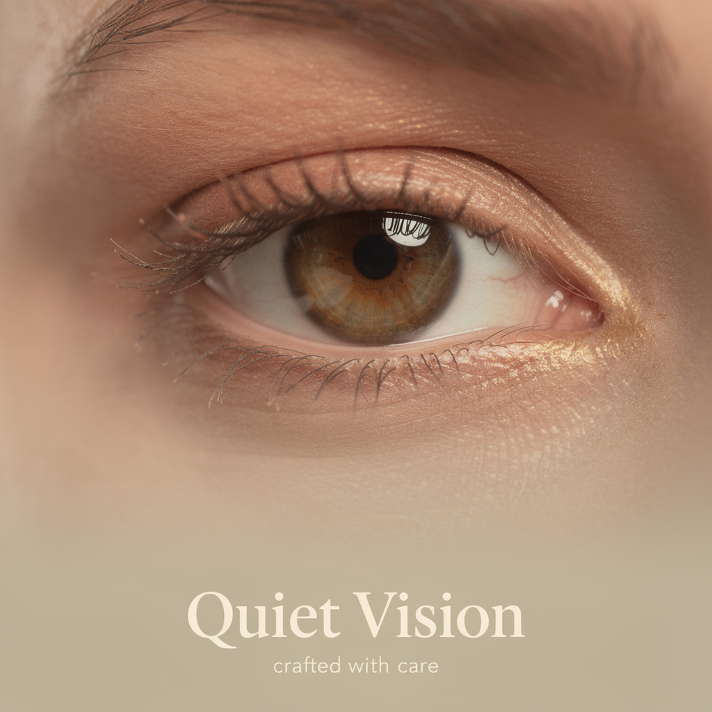 close up of a human eye.

Style: quiet luxury, soft cinematic lighting, warm palette, professional, clean composition. Colors: primary #7F6B2E, secondary #9BA17F. Typography: Bodoni Moda headings, Manrope body.

Avoid: cartoon, clipart, stock photo watermark, neon colors, face distortion