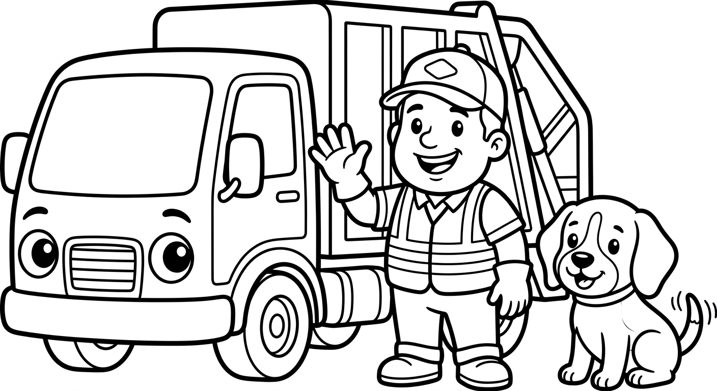 Black and white coloring book line art. A friendly cartoon sanitation worker in a cap and vest waving, standing beside a garbage truck with headlight eyes, the SAME chibi beagle Scout from reference sitting happily next to the worker. Clean SOLID bold black outlines, simple smooth rounded shapes, NO furry texture, pure white background, no shading, no gray, NO solid black fills, NO text or letters, large open areas to color.
quiet luxury, soft cinematic lighting, warm palette, professional, clean composition. gold and muted warm green color tones.
Do not include: cartoon, clipart, stock photo watermark, neon colors, face distortion, white coat, lab coat, doctor coat.
